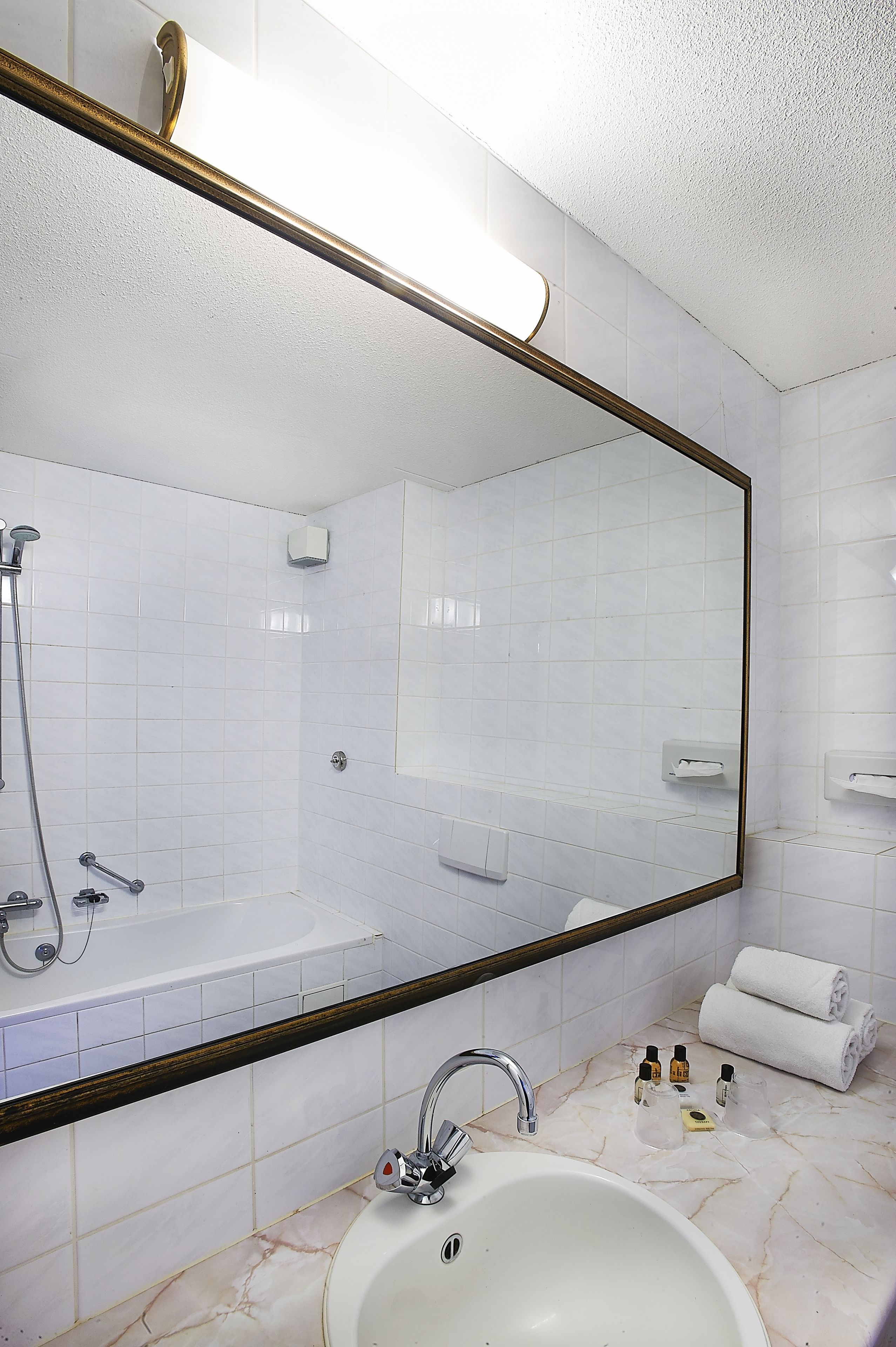 combined shower/bathtub, free toiletries, hair dryer