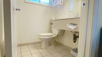 A bathroom with a toilet, a sink, and a window.