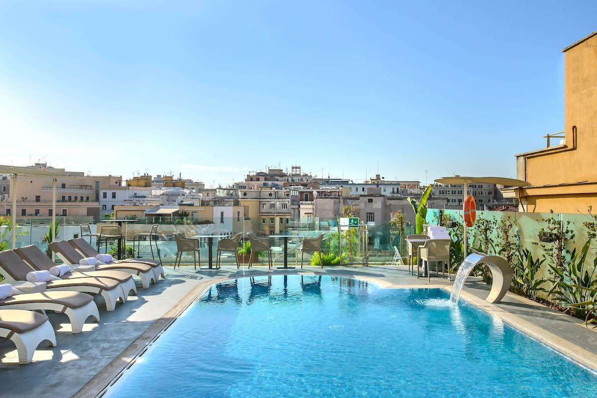 indoor pool, seasonal outdoor pool, pool loungers
