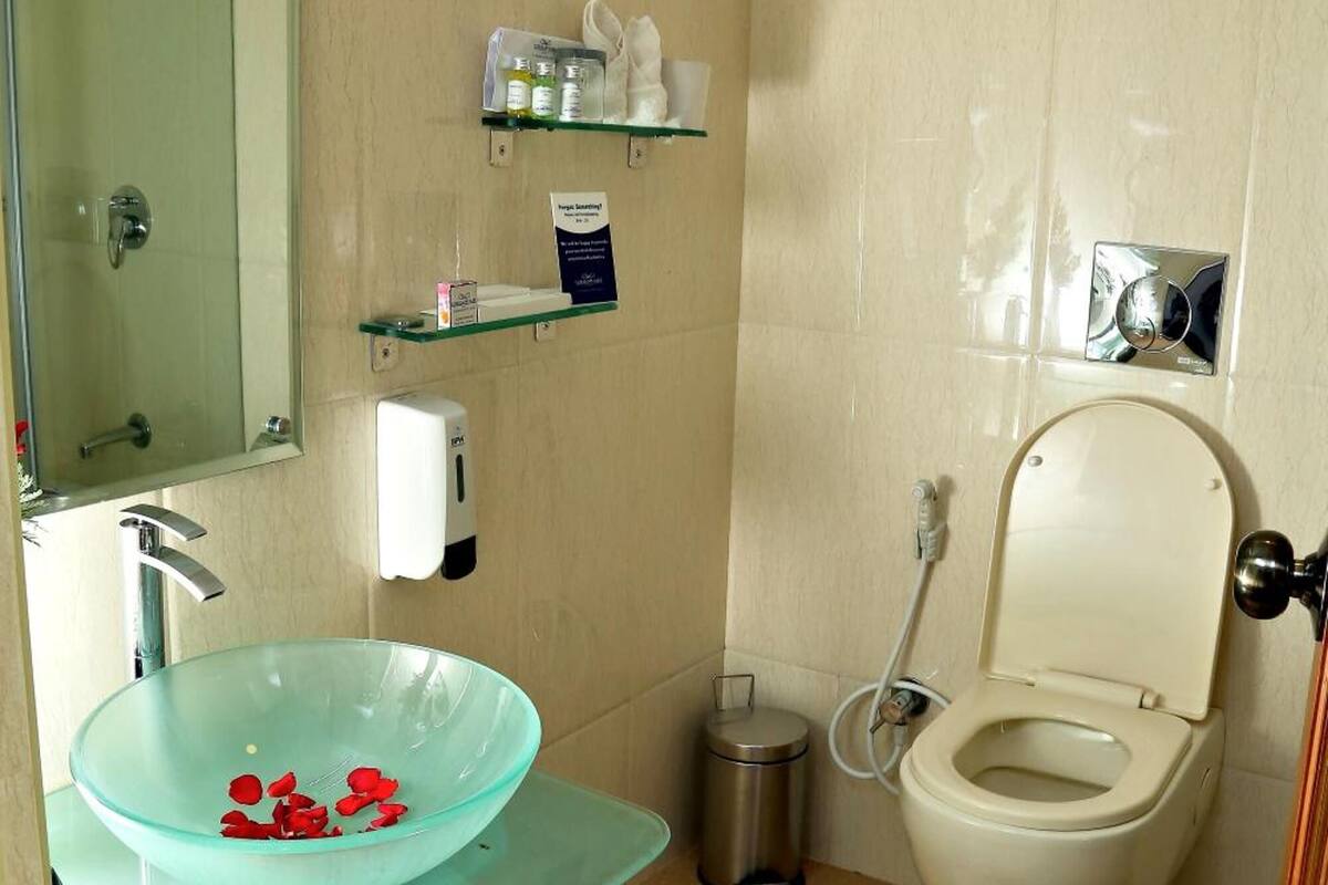 separate bathtub and shower, free toiletries, hair dryer, bathrobes