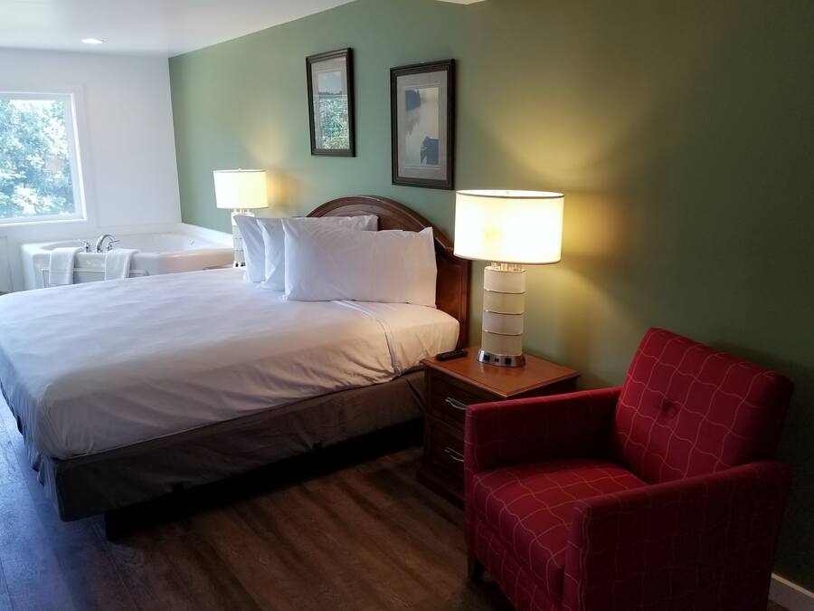 Habitación de hotel ordenada con una cama grande, dos lámparas de noche, un sillón rojo y una ventana con vistas a árboles.