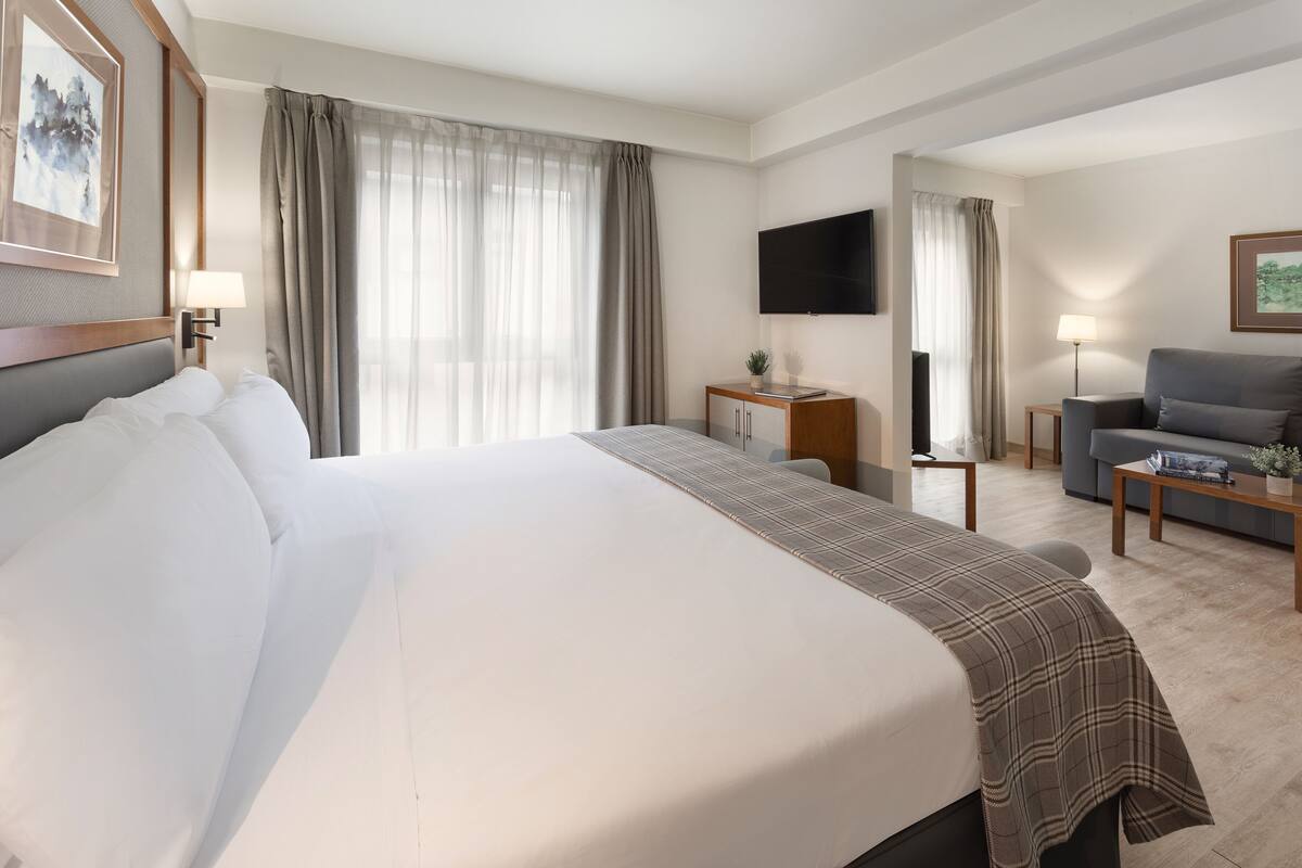 A hotel room with a large bed, a desk, a chair, a TV, and a window with curtains.