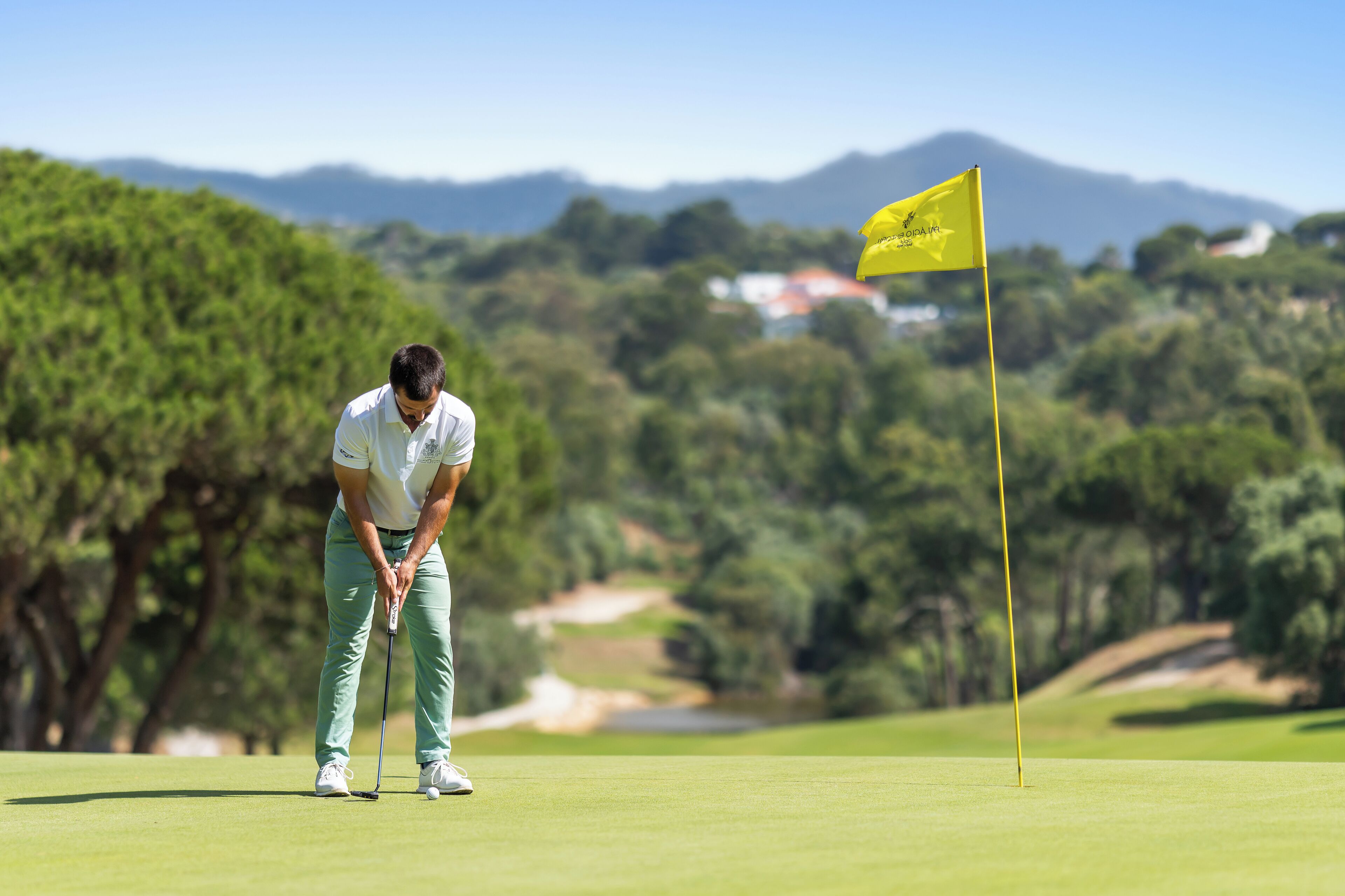 Un campo de golf con un mástil de bandera, árboles y montañas al fondo.