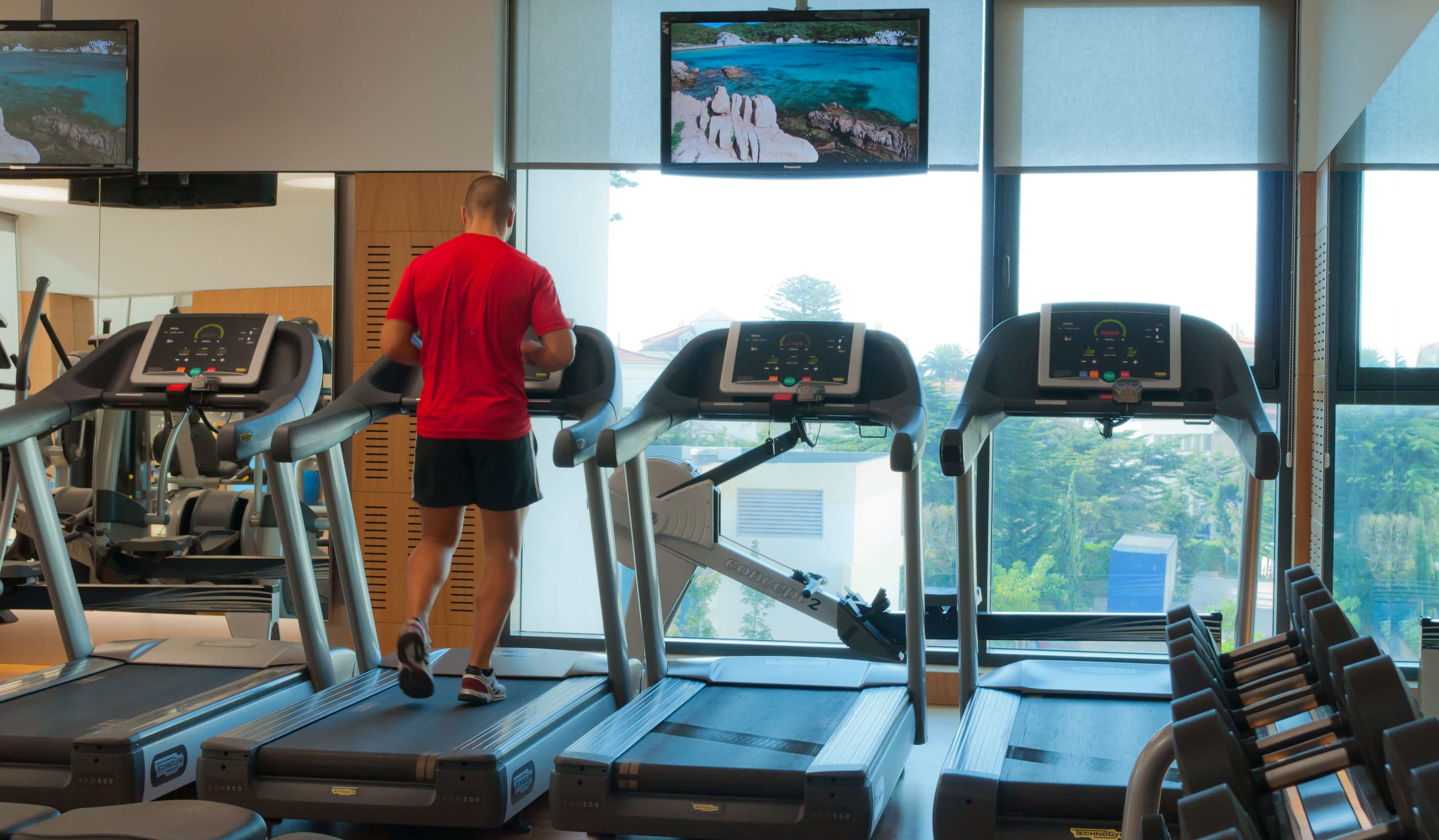 Un gimnasio con cintas de correr, equipamiento de ejercicio y grandes ventanales con vistas a zonas verdes.