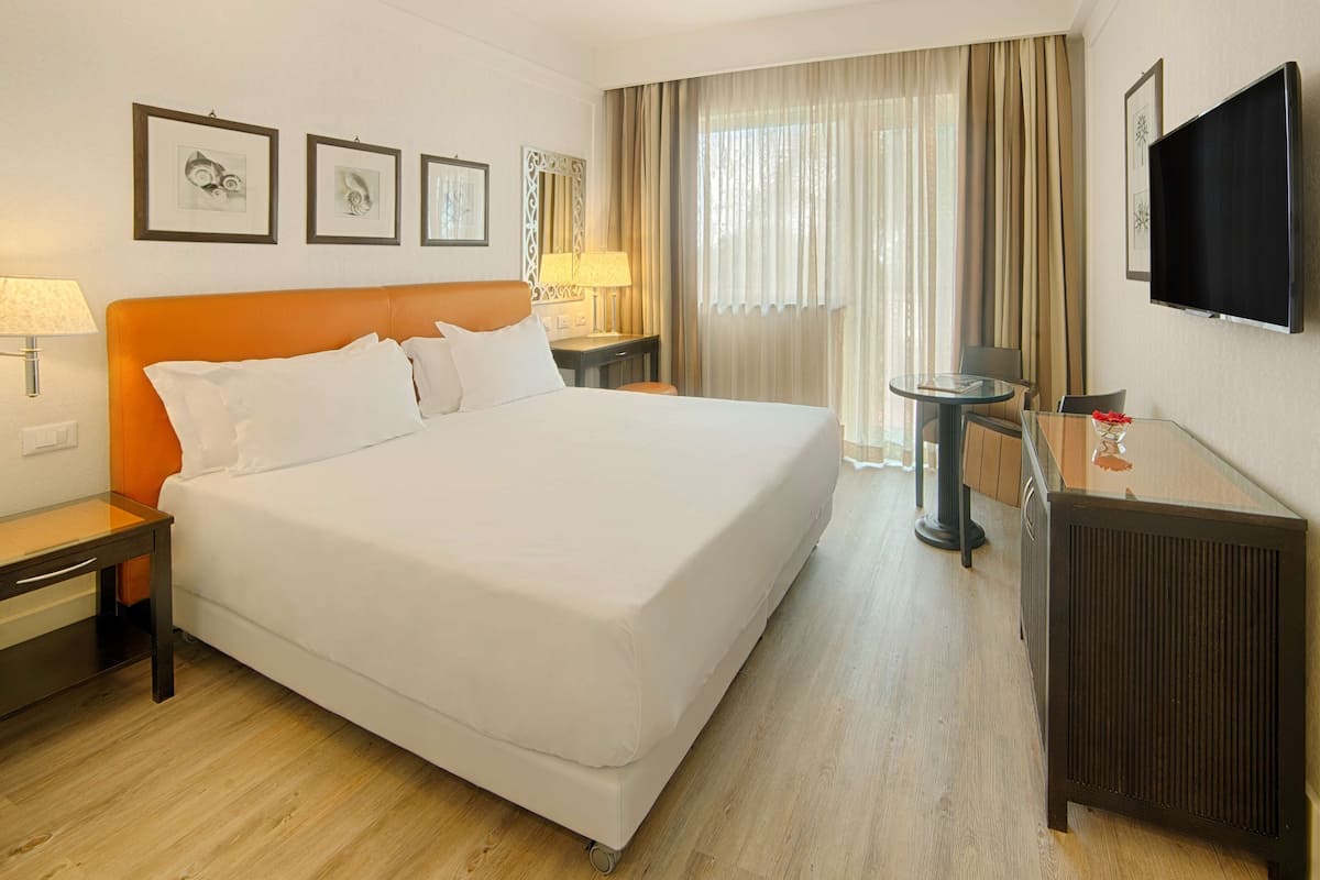 Una habitación de hotel con una cama grande, un escritorio con lámpara, televisión y cuadros en la pared.