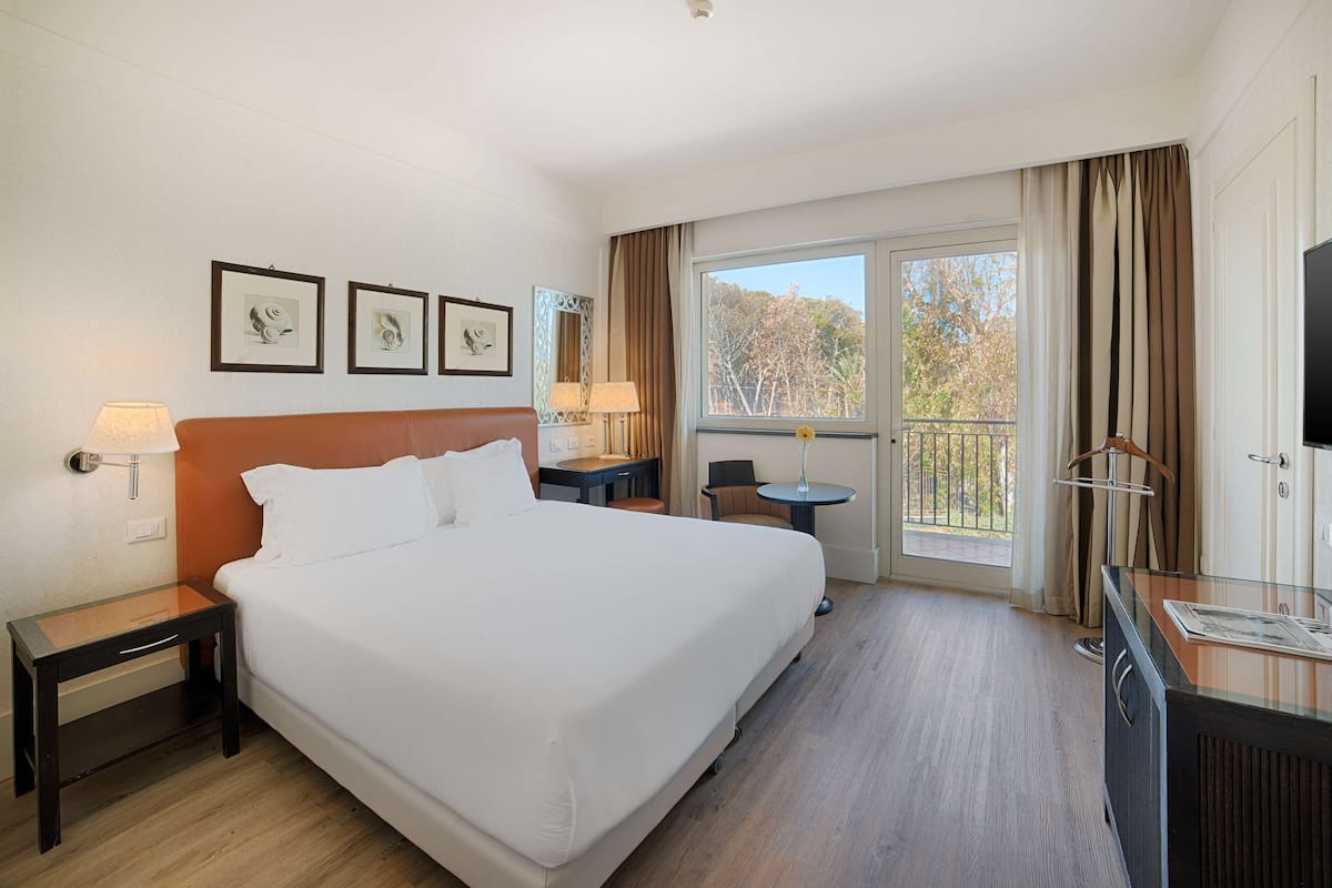 Habitación de hotel con una cama grande, un escritorio, una silla, un televisor y un balcón con vistas.