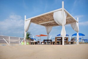 En privat strand, parasoller