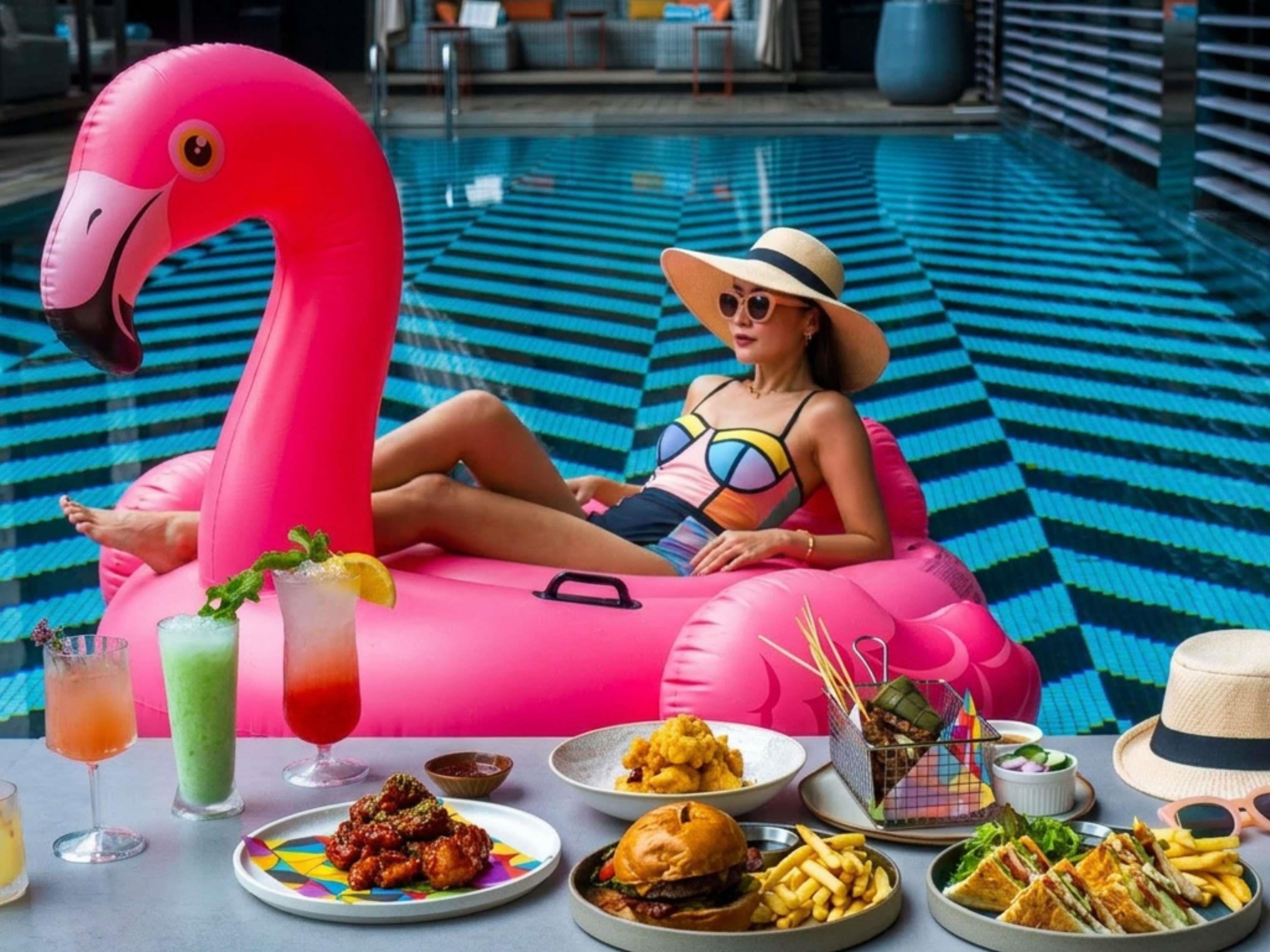 A pool area with a flamingo float, a person lounging, and a table with food and drinks.