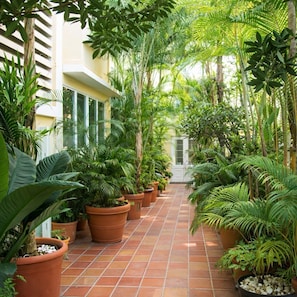 A corridor lined with potted plants and a tiled floor, leading to a door. - Coral Princess Hotel (San Juan)