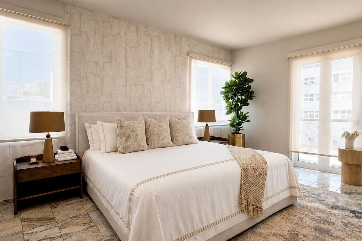 A bedroom with a large bed, two bedside tables, a nightstand, a potted plant, and a view of the outside.