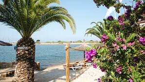 A beachside area with a palm tree, a sign indicating 'Bateau Aventure Accès Plage', and a thatched umbrella structure with lounge chairs. - Relais et Châteaux Thalasso & Spa Ile de la Lagune (Saint-Cyprien)