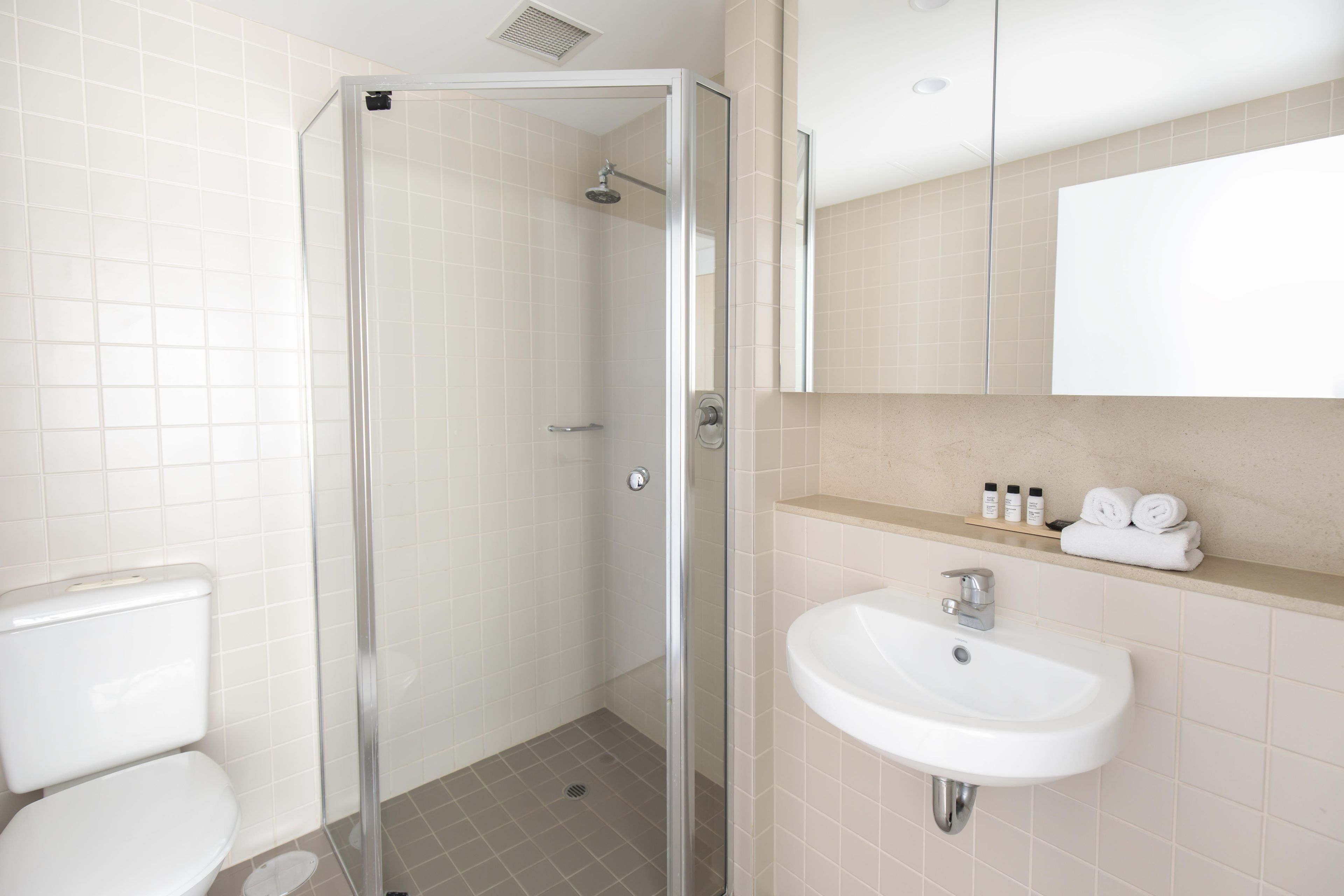 Een badkamer met een douche met glazen wand, een toilet en een wastafel met toiletartikelen.