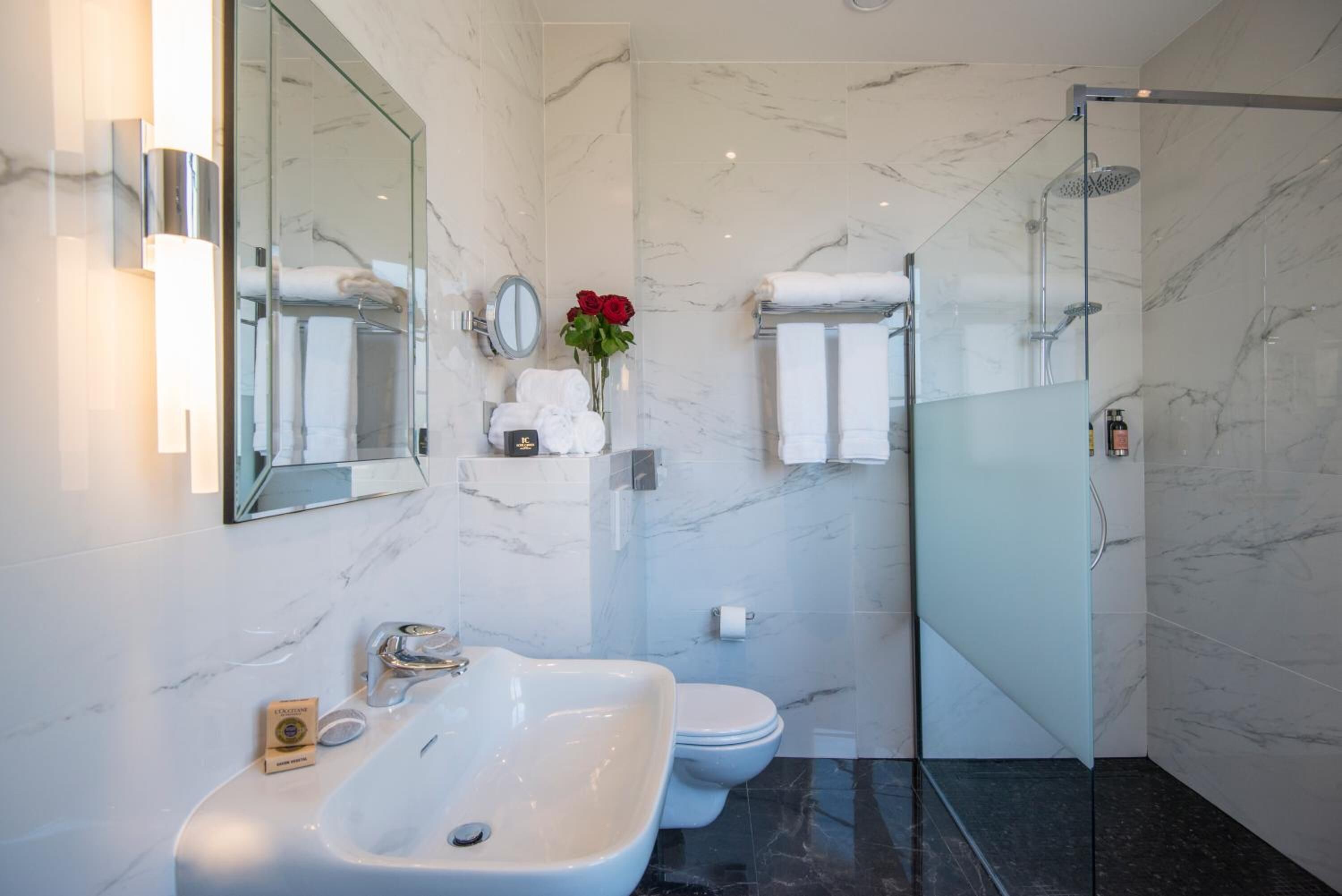 free toiletries, hair dryer, towels