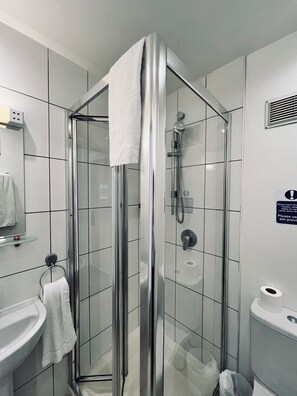 Shower, free toiletries, hair dryer, towels