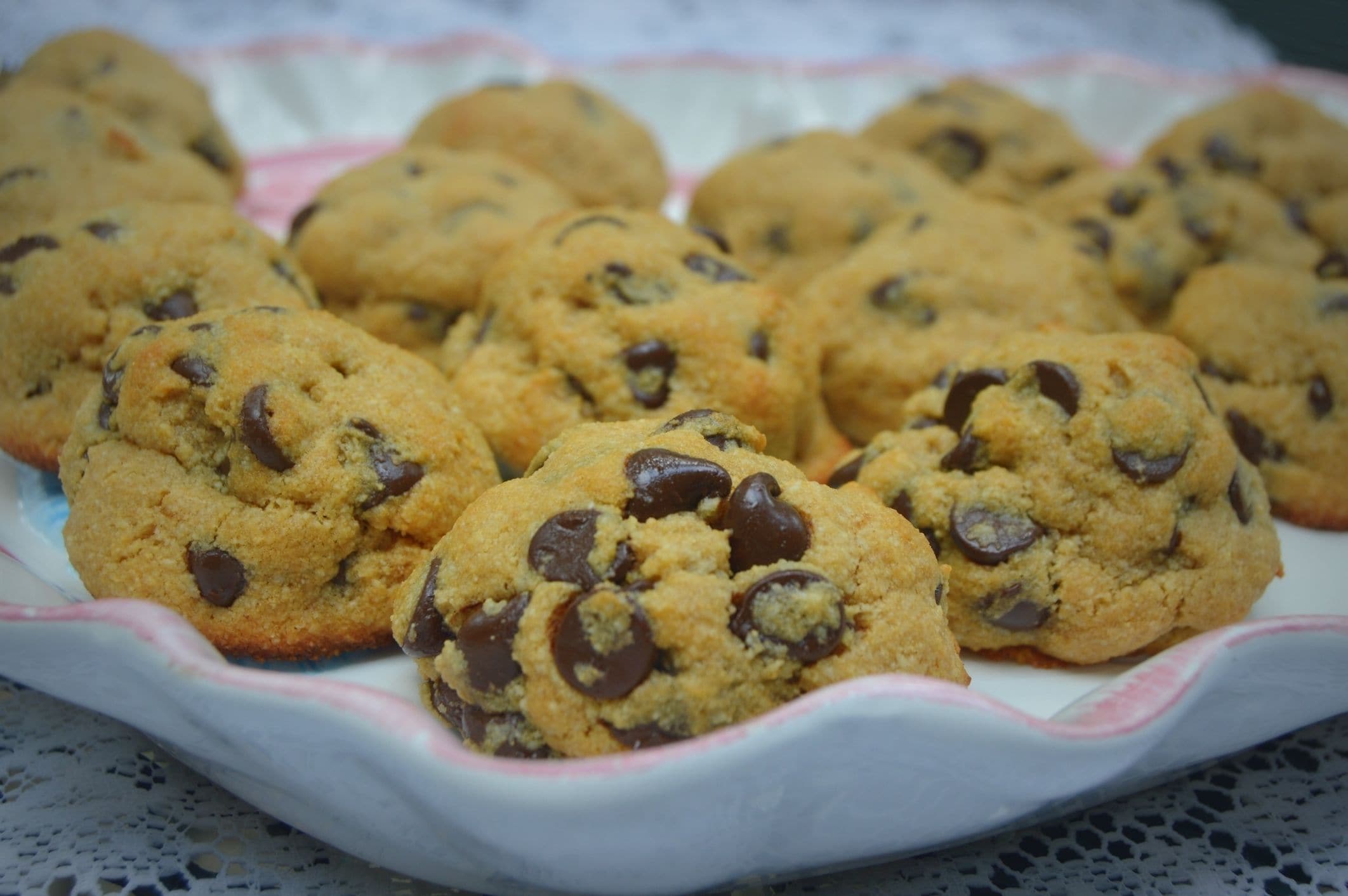 A tray of chocolate chip cookies.