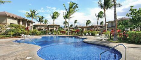 A swimming pool with a curved design, surrounded by palm trees and red flowers, with buildings in the background.