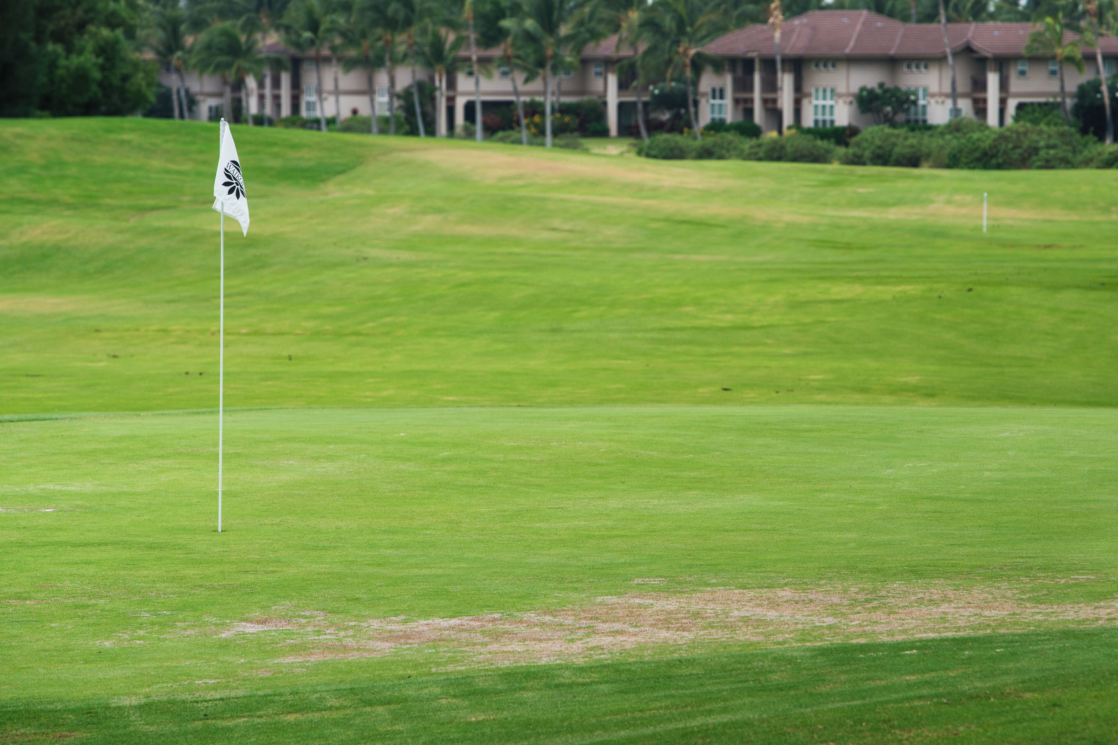 Un campo de golf con una bandera, césped cuidado y un edificio al fondo.