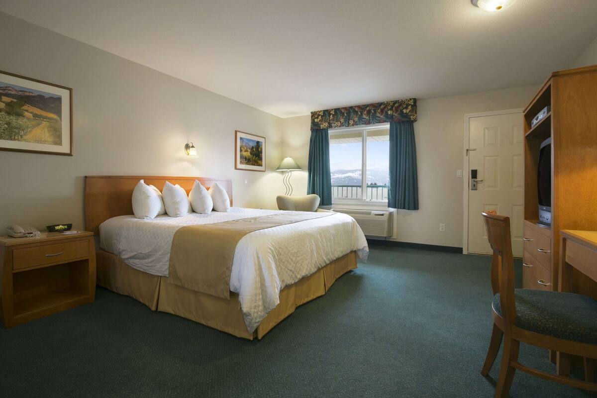 A hotel room with a large bed, a desk, a chair, a nightstand, a lamp, and a window with a view.