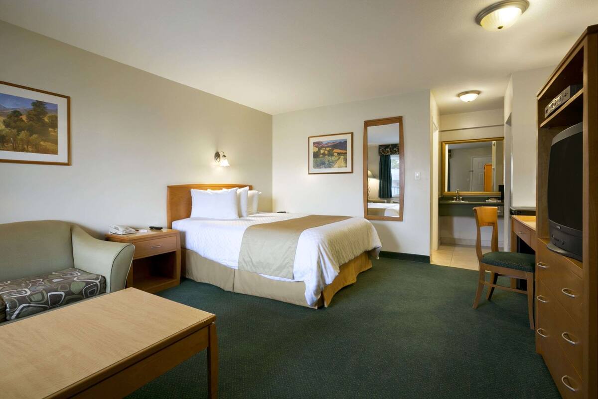 A hotel room with a bed, a desk, a chair, a television, and a mirror.