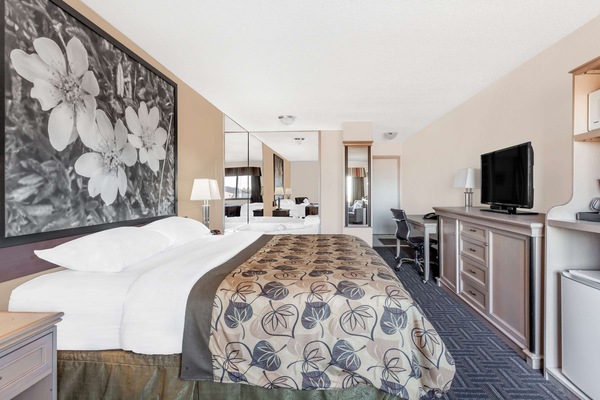 Jacuzzi room, 1 king bed, sitting area, fridge, microwave, non smoking | Desk, laptop workspace, blackout drapes, iron/ironing board
