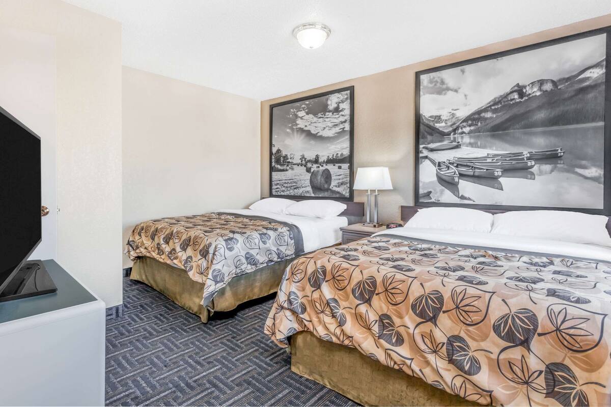 Een hotelkamer met twee bedden, een televisie en twee grote landschapsprenten.