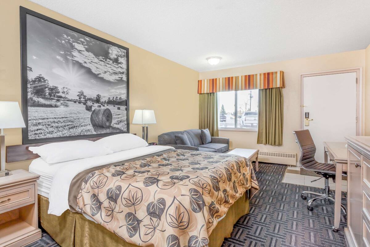 Een hotelkamer met een groot bed, een bureau, een stoel en uitzicht op een stadsgezicht door het raam.