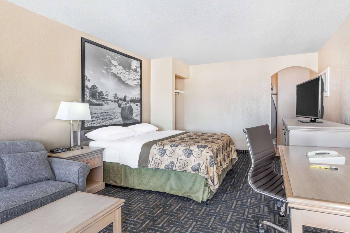 Een hotelkamer met een bed, een bureau, een stoel, een televisie en een bank.