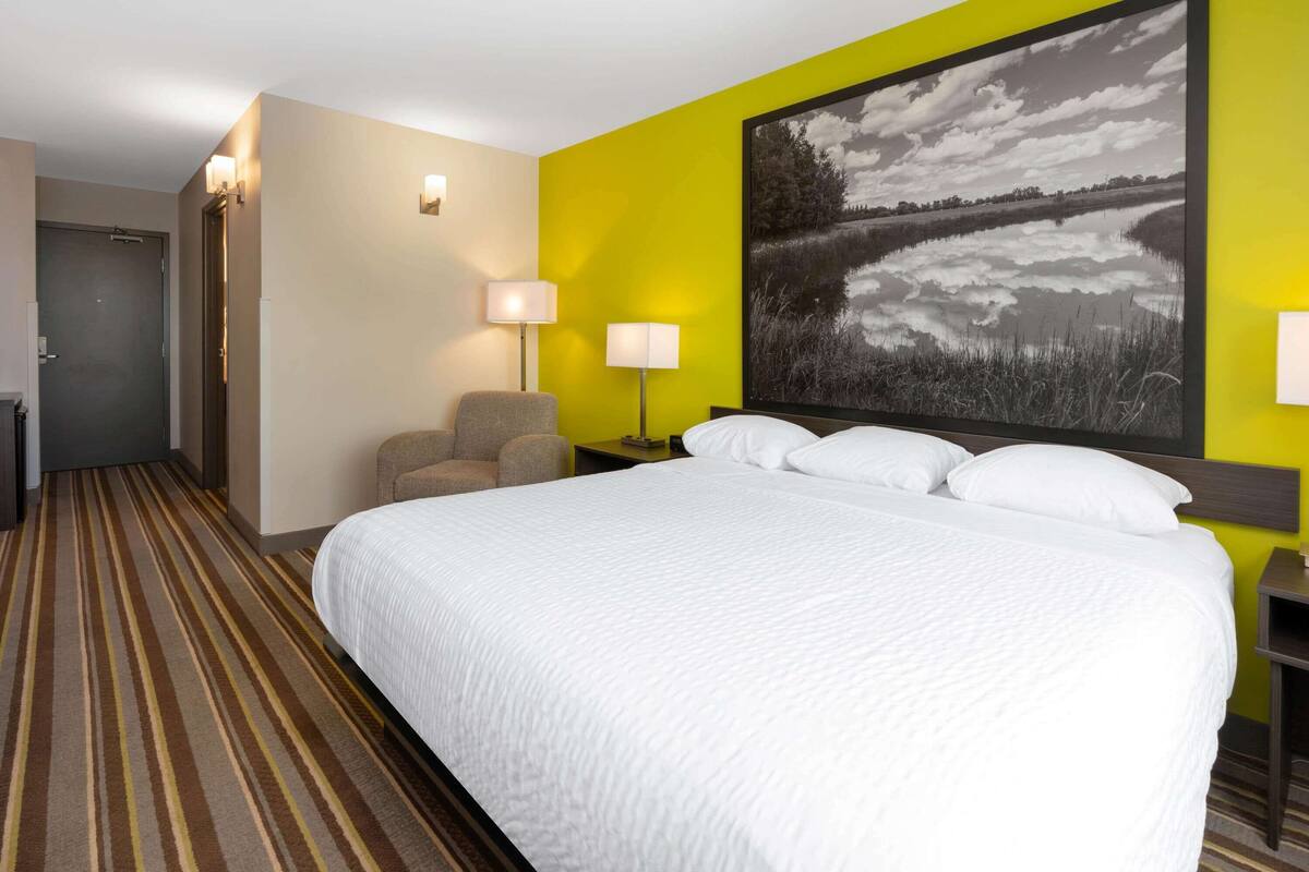 Una habitación de hotel con una cama grande, dos lámparas de noche, una silla y un cuadro en la pared.