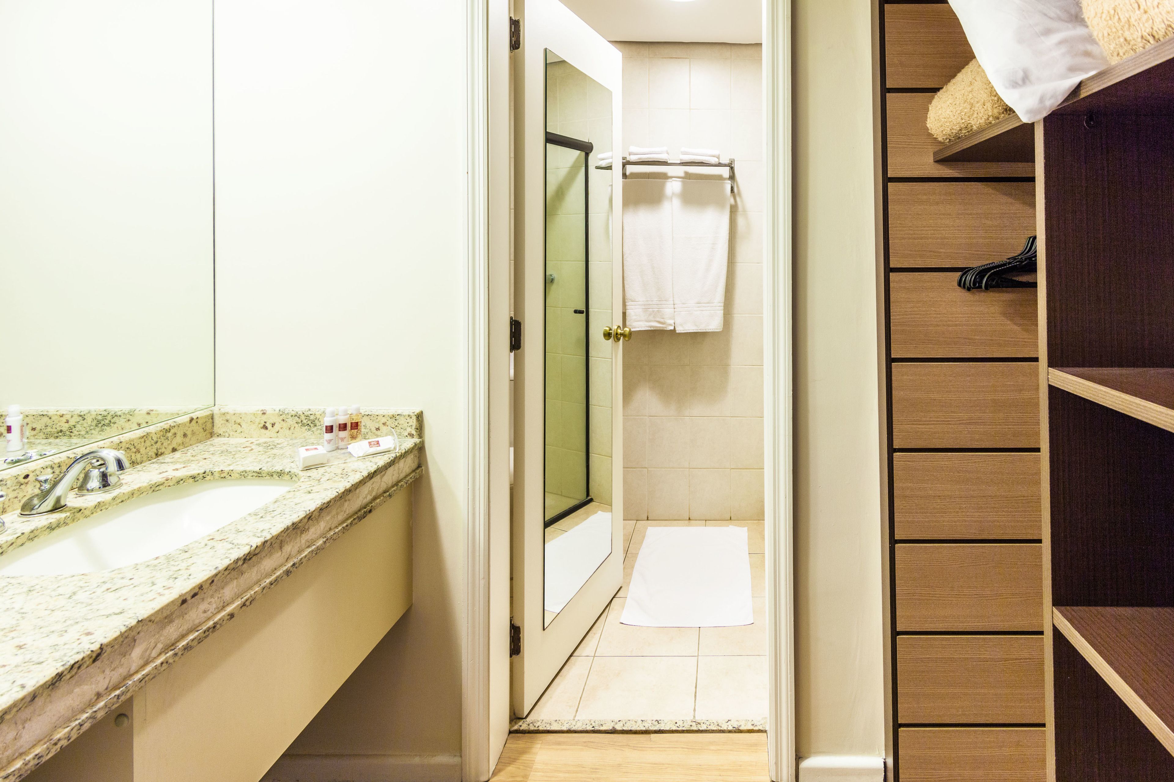 shower, free toiletries, hair dryer, towels