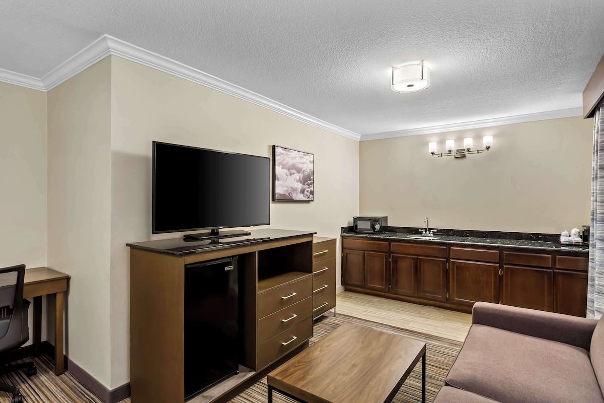 A modern hotel room with a flat-screen TV, a compact kitchenette, a sofa, and a dining table.