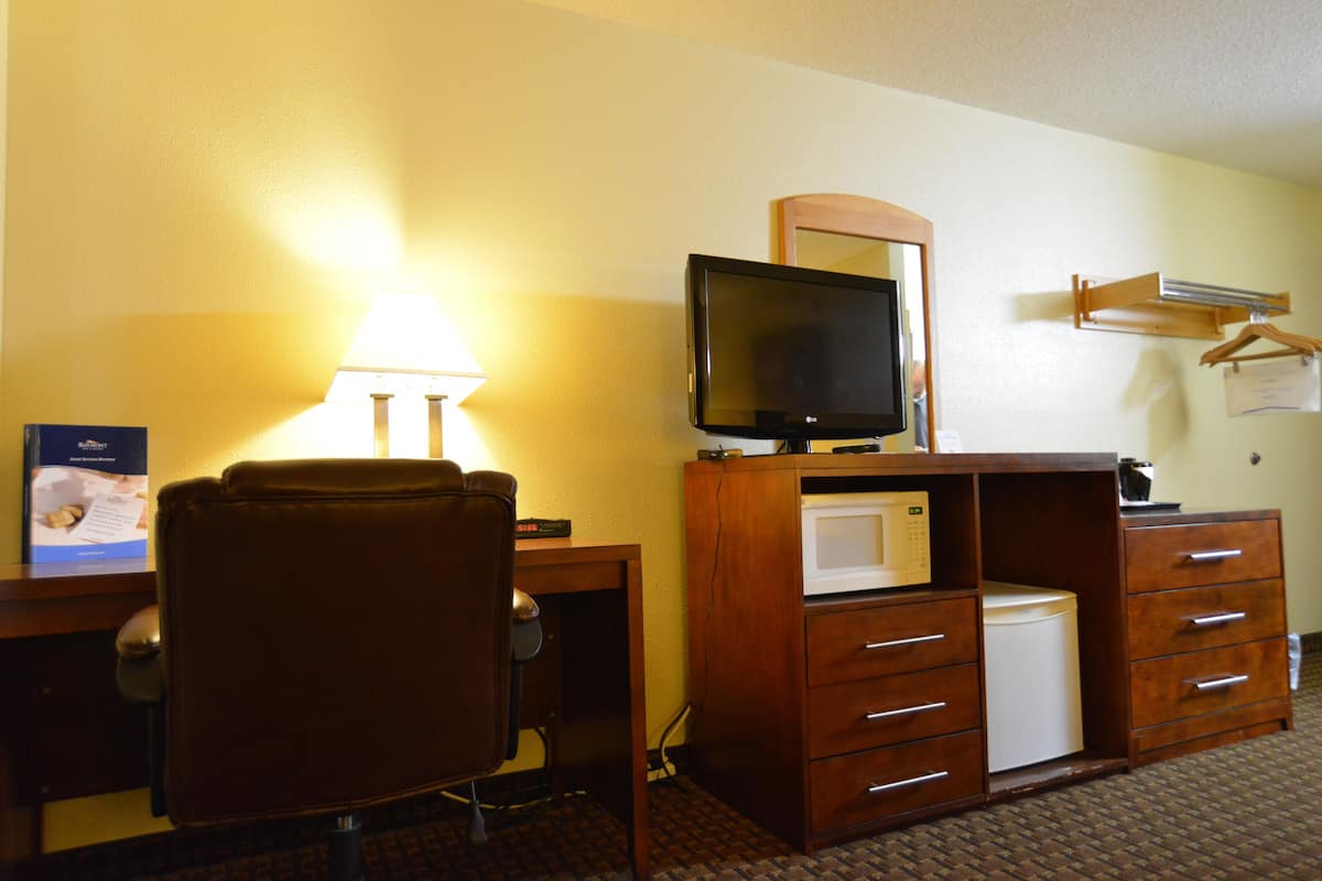 A hotel room with a desk, a chair, a television, a microwave, and a small refrigerator.