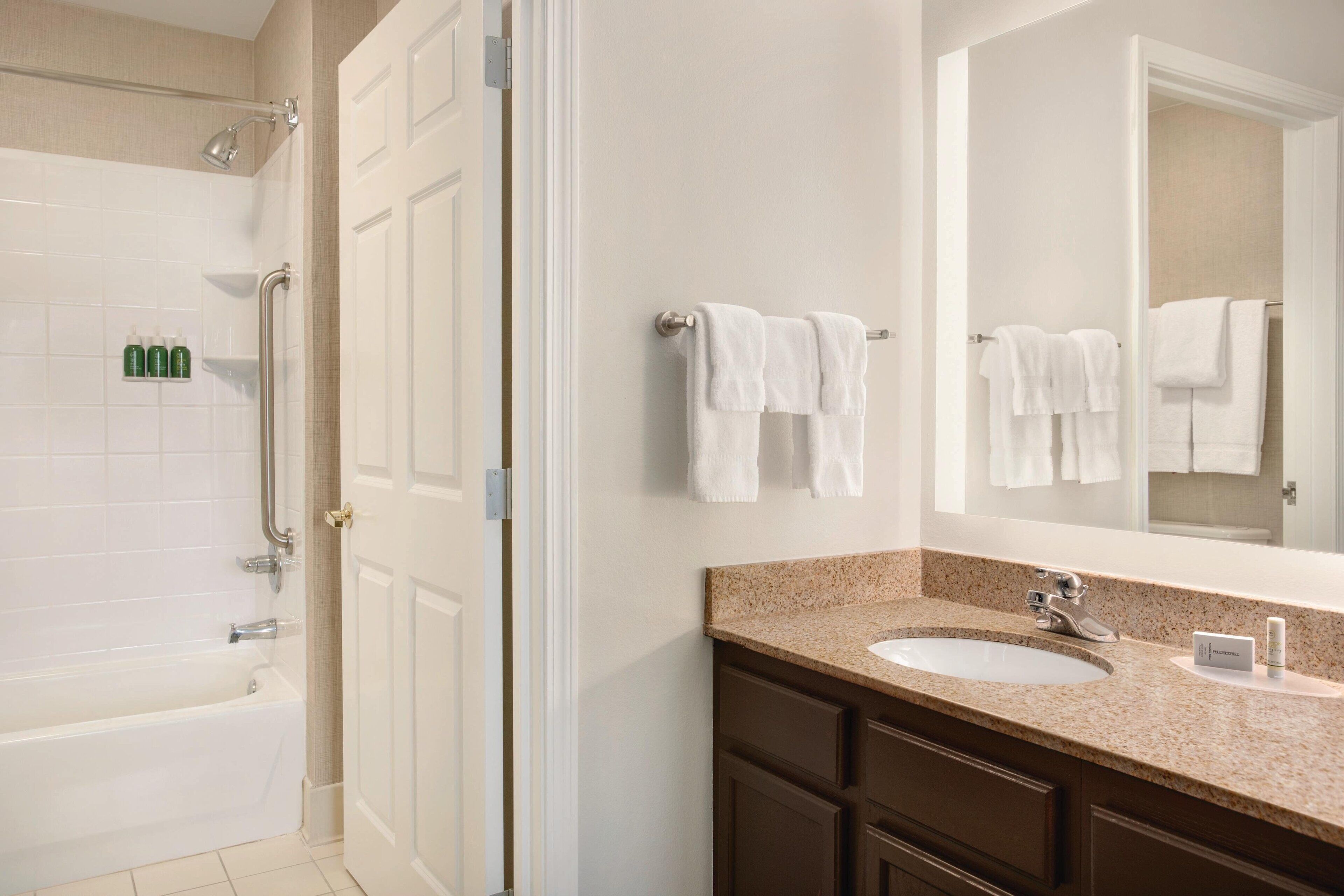 combined shower/bathtub, free toiletries, hair dryer, towels