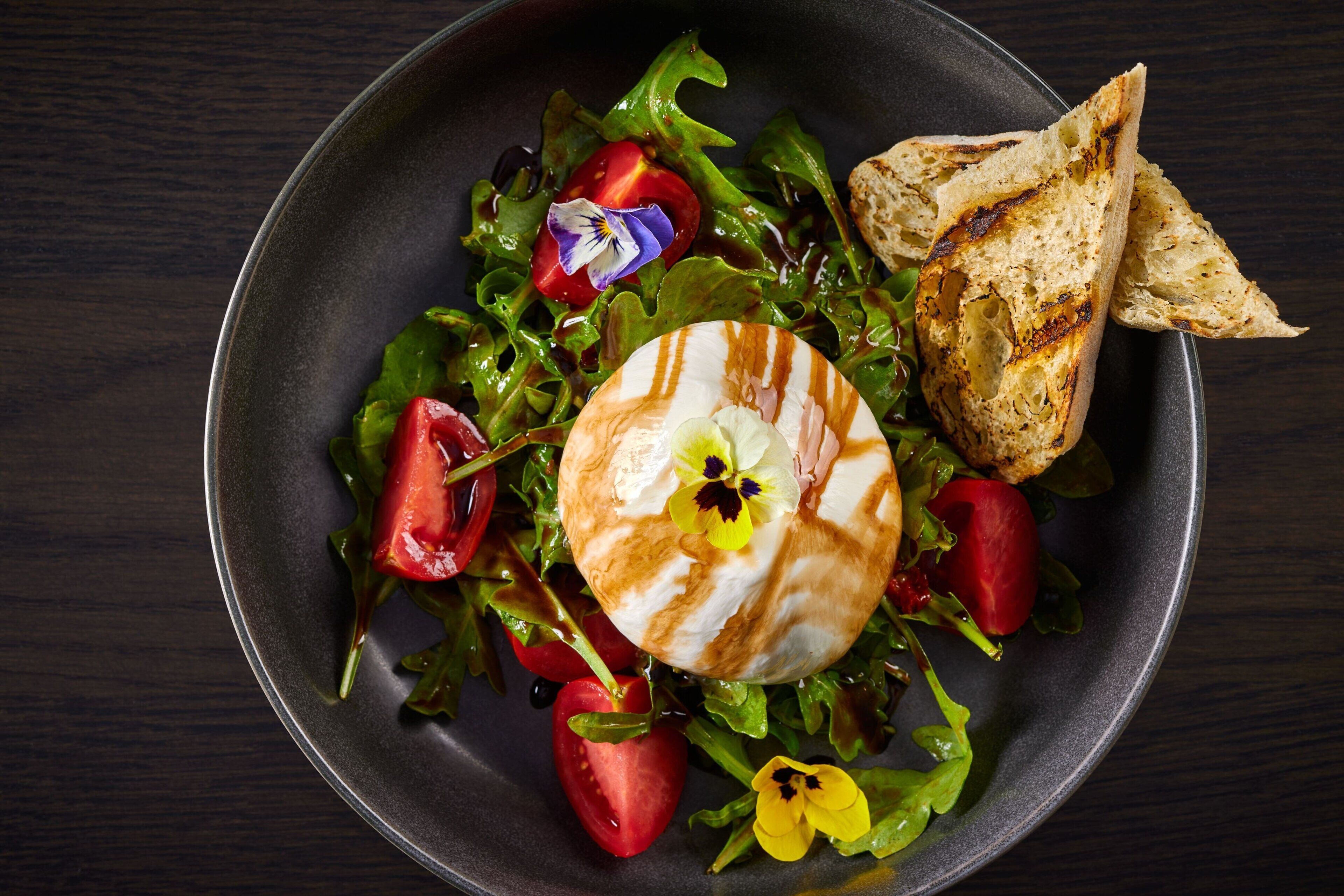 Un plato con un sándwich de queso a la plancha, tomates cherry y una ensalada de hojas verdes.