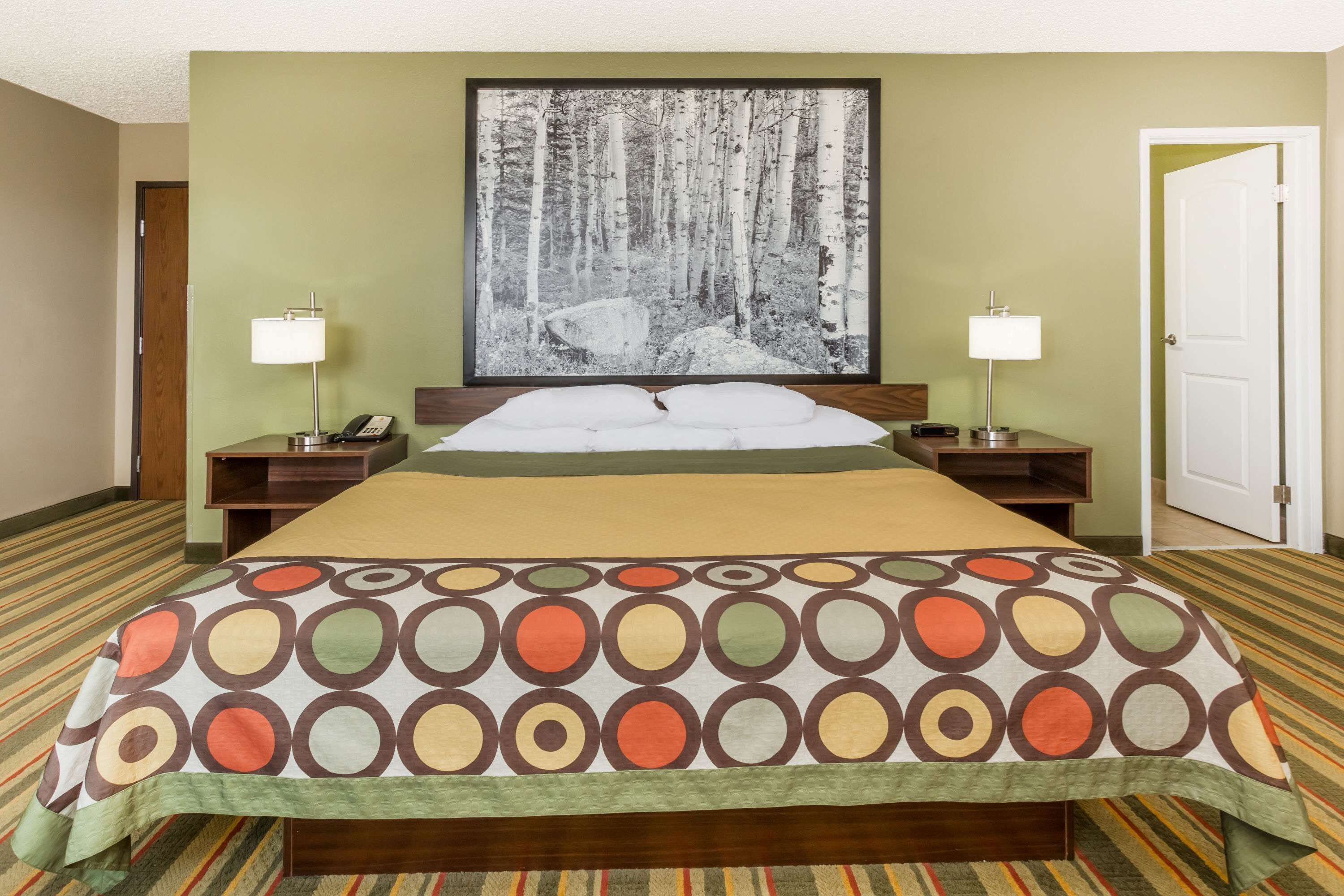 Une chambre d’hôtel avec un grand lit, deux tables de chevet avec des lampes, une photographie encadrée représentant une forêt accrochée au mur et une moquette verte.