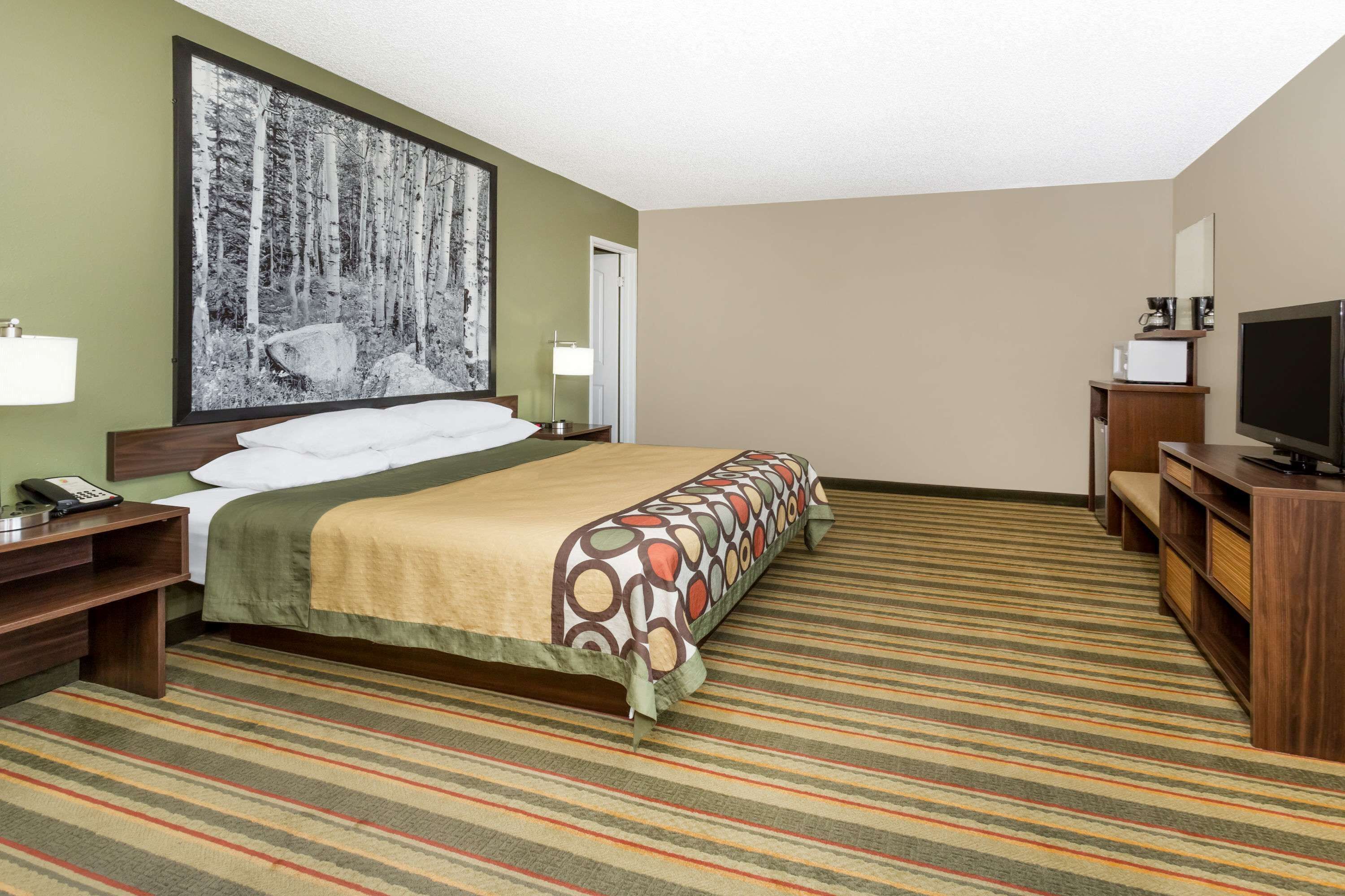 Quarto de hotel com uma cama grande, televisão, escrivaninha e um quadro na parede.