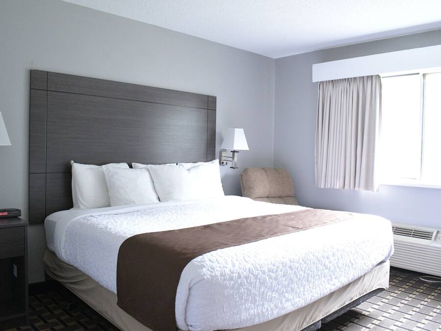 A hotel room with a large bed, two bedside lamps, a window with curtains, and a heater.