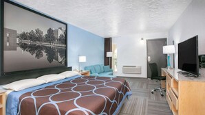 A hotel room with a large bed, a desk with a TV, a chair, a sofa, and a large window.