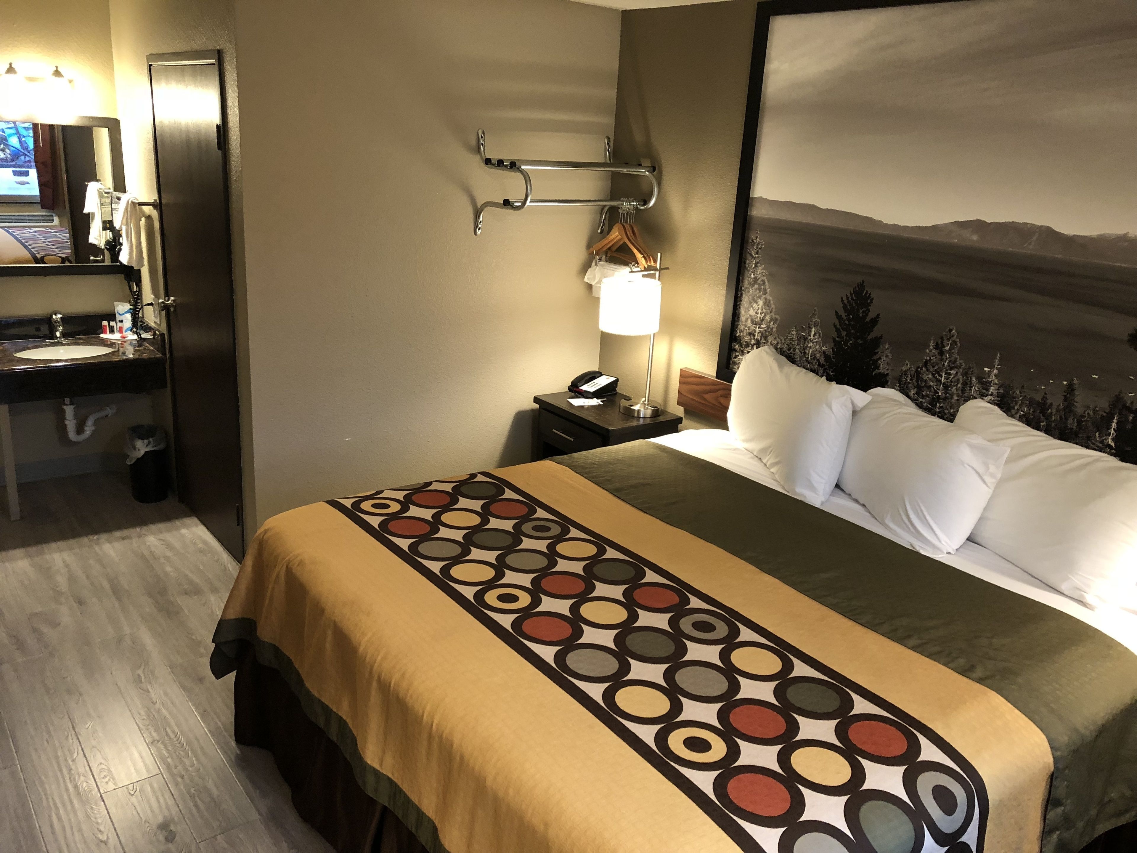 A hotel room with a bed, a nightstand, a lamp, a mirror, a sink, and a painting of a landscape.
