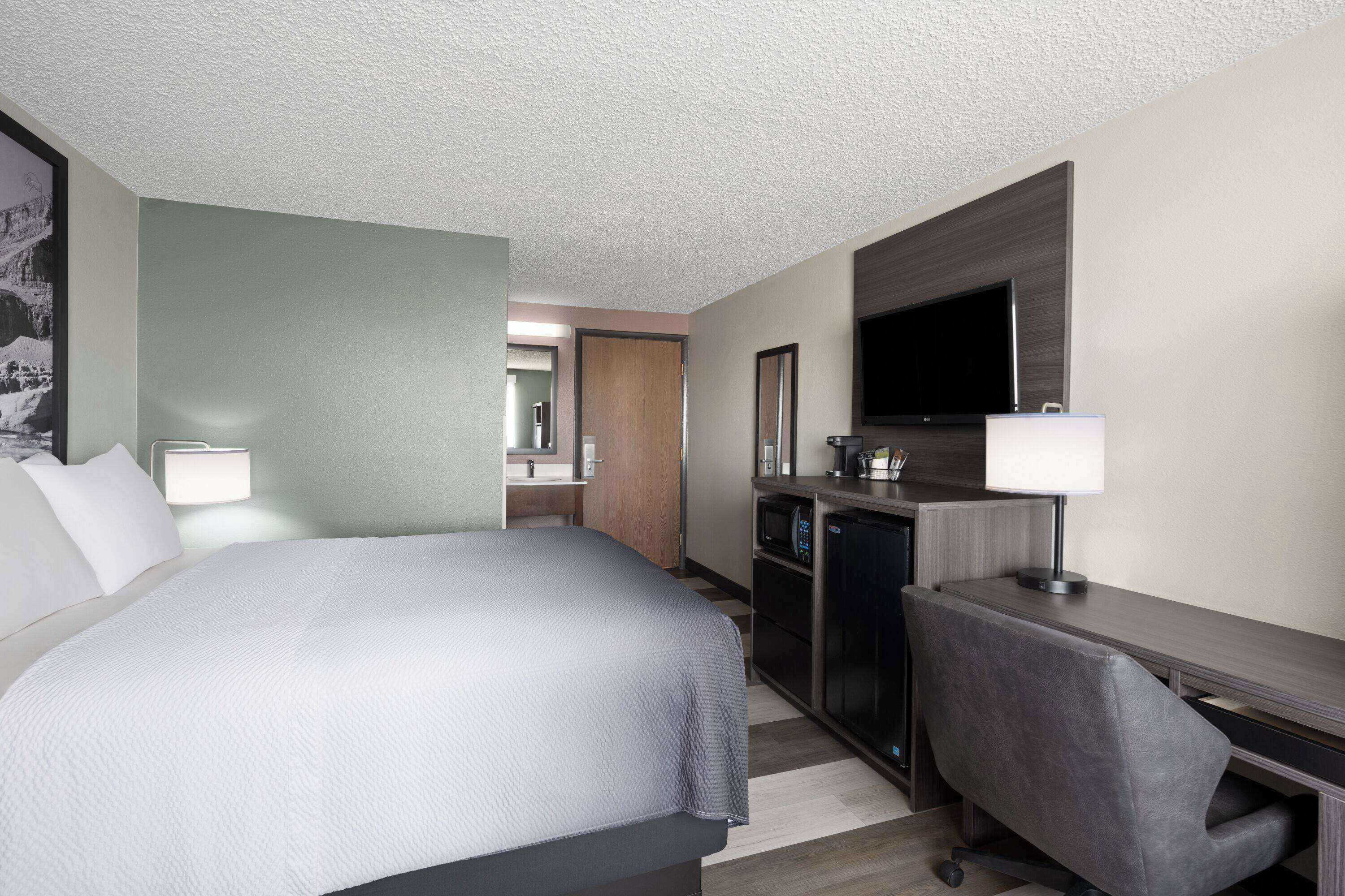 Une chambre d’hôtel comprenant un lit, un bureau, une chaise, une télévision et un miroir.
