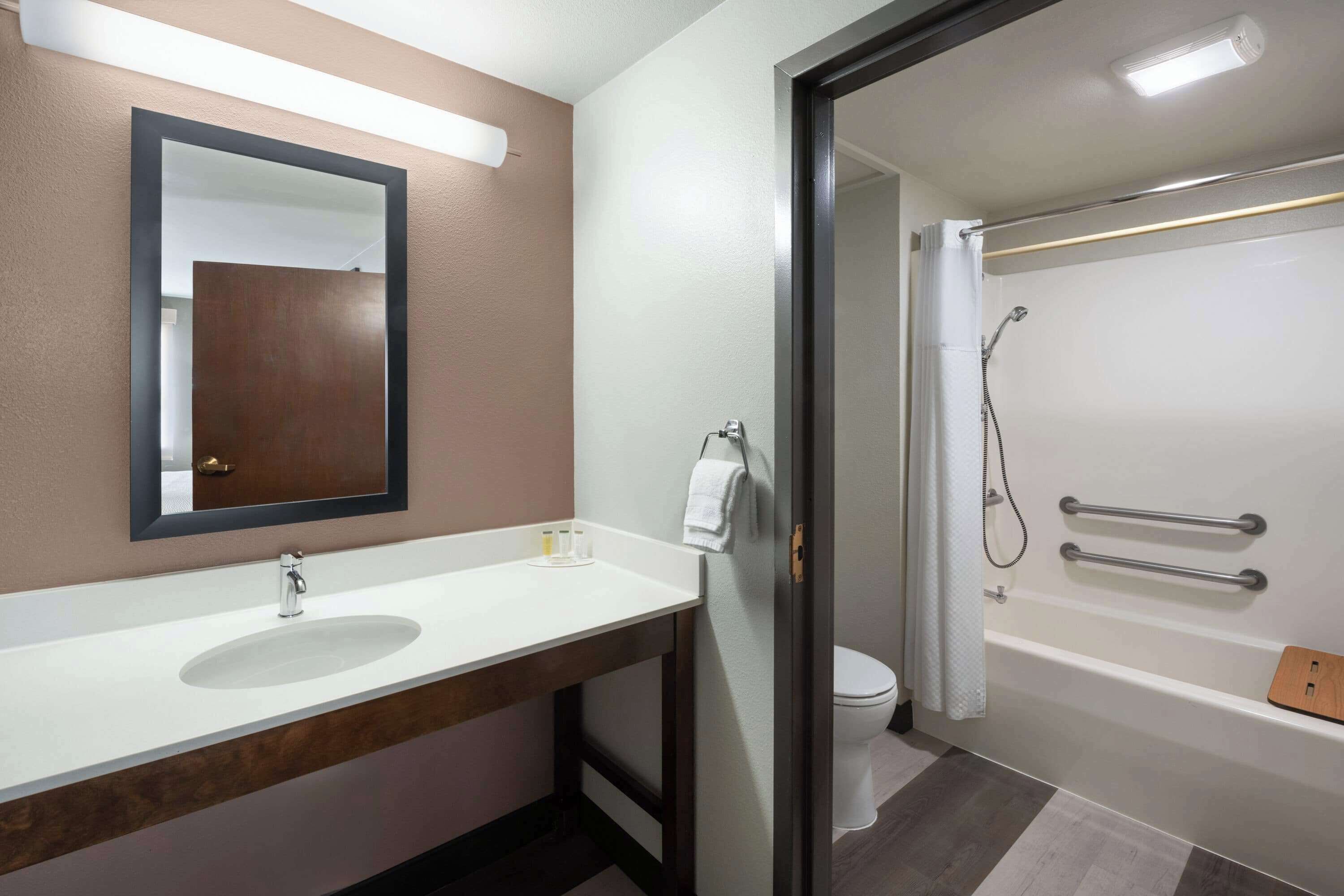 Une salle de bain avec un lavabo blanc, un miroir et un espace douche.