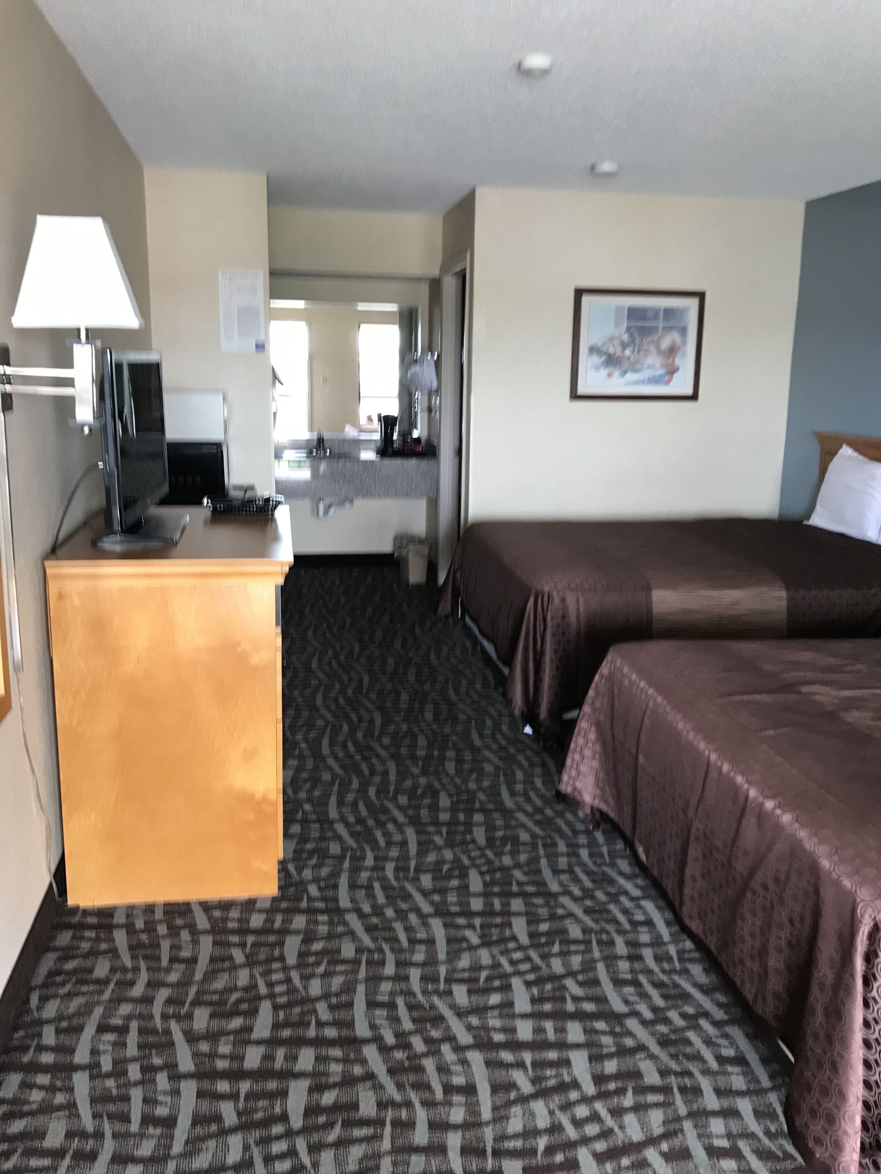A hotel room with a desk, two beds, a carpeted floor, a painting on the wall, and a ceiling light.