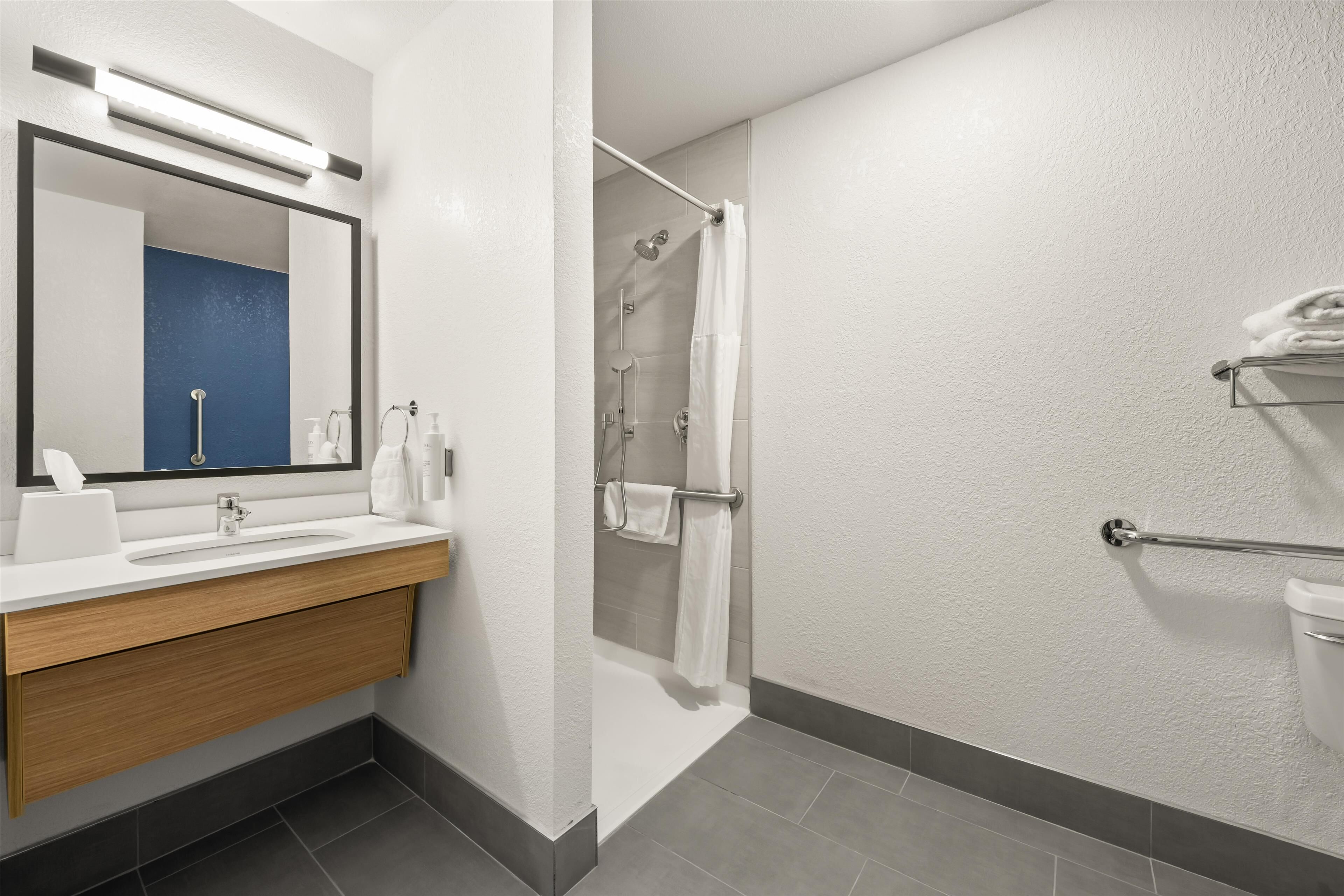 room, 1 queen bed, accessible (mobility & roll-in shower) | bathroom | combined shower/bathtub, free toiletries, hair dryer, towels