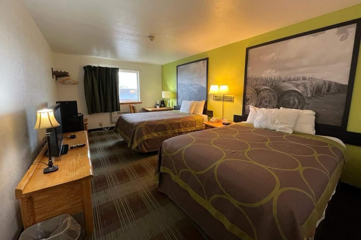 A hotel room with two beds, a desk with a lamp, a chair, a TV, and a large framed picture on the wall.