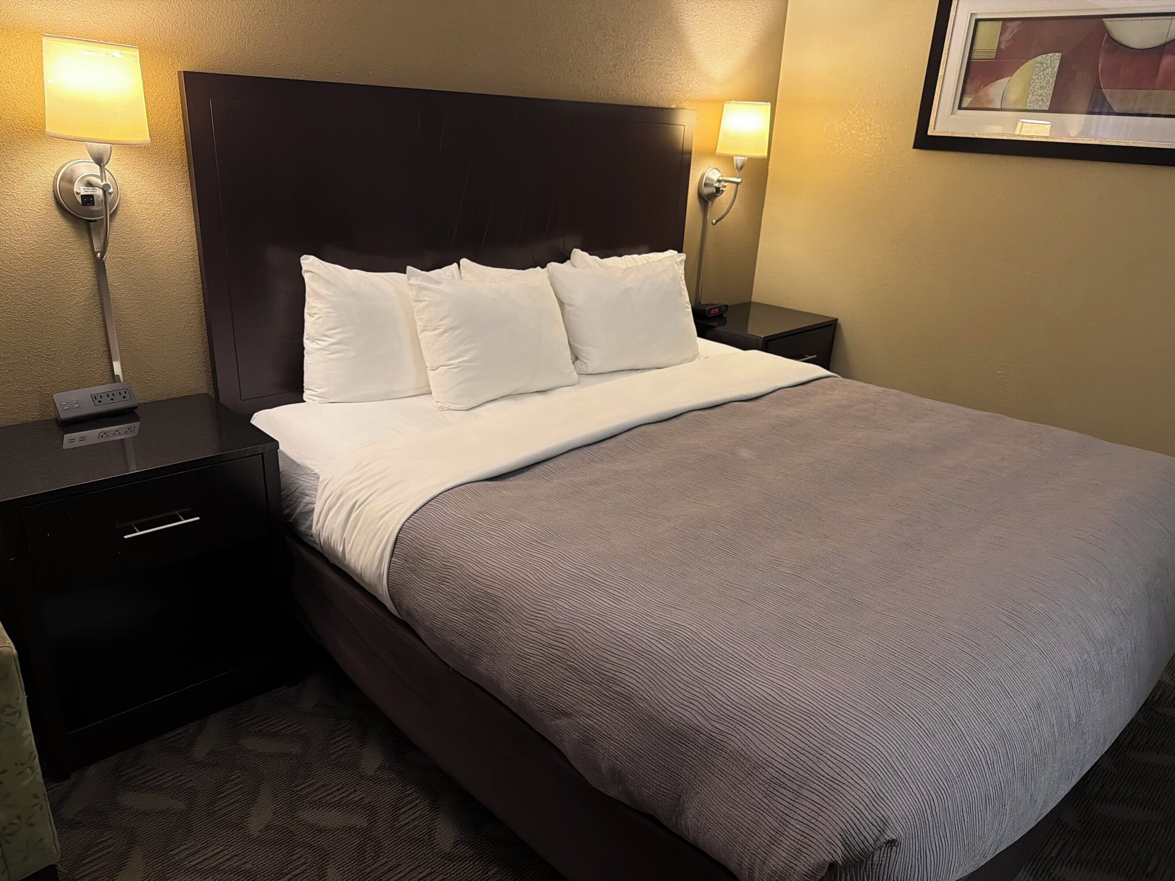 Een netjes opgemaakt bed met witte beddengoed, een donker hoofdbord en twee bedlampjes.