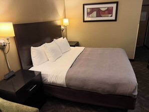 A hotel room with a bed, bedside lamps, a nightstand, and a framed picture on the wall.