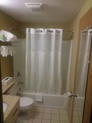 Combined shower/tub, free toiletries, hair dryer, towels