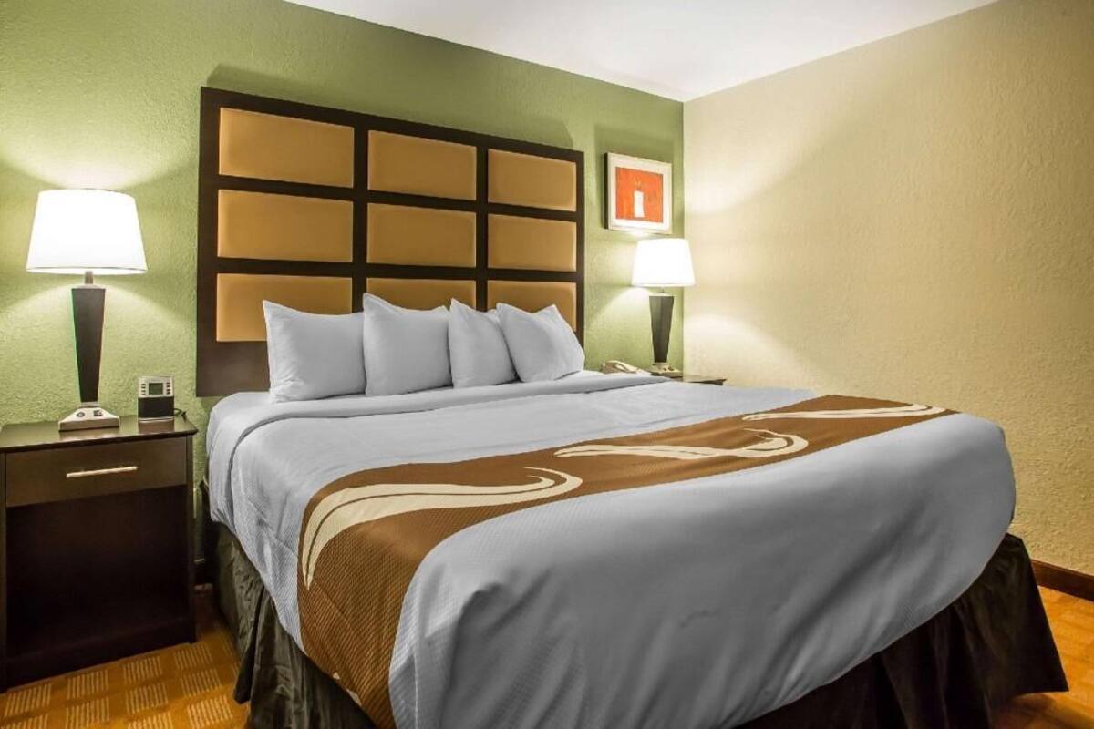 Een hotelkamer met een groot bed, twee nachtkastjes, een hoofdbord en twee wandlampen.