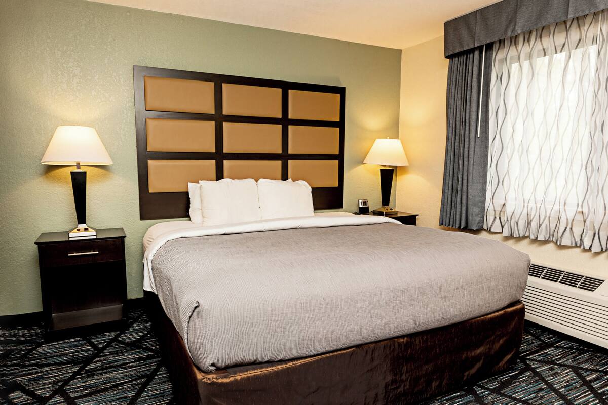 Een hotelkamer met een groot bed, twee nachtkastjes met lampen, een hoofdbord met een paneeldecor en een raam met gordijnen.