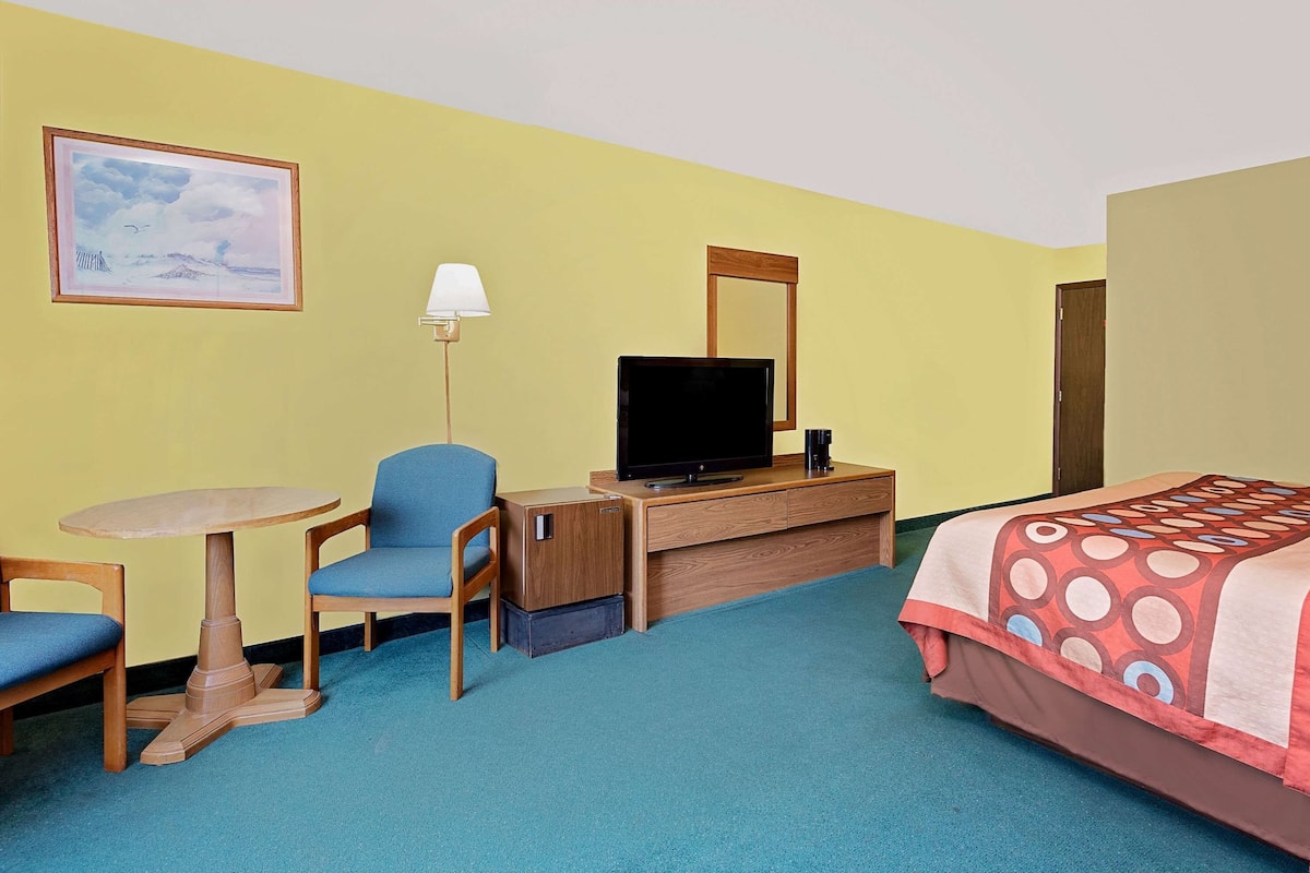 Habitación de hotel con cama, escritorio con televisor, silla, lámpara y un cuadro en la pared.