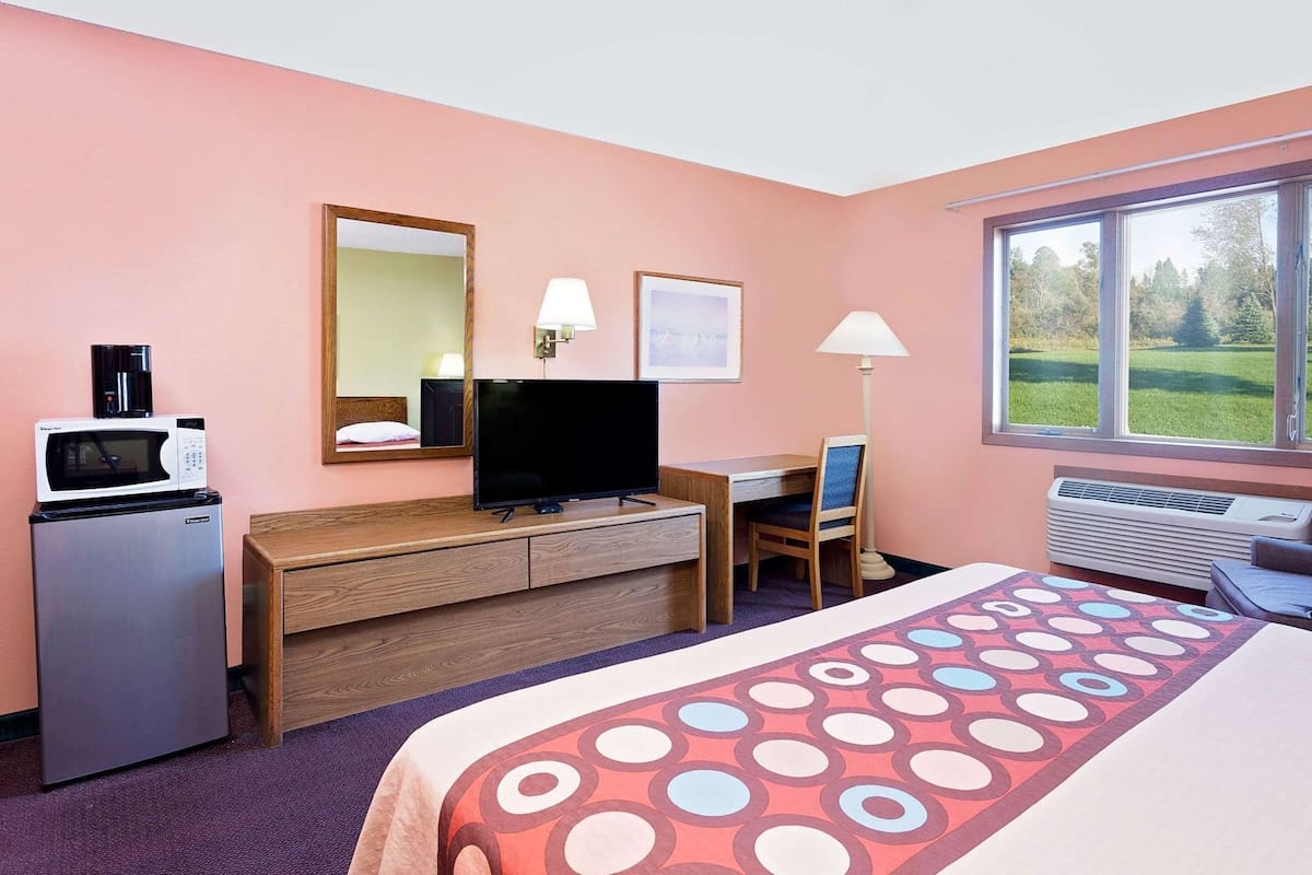 Habitación de hotel con cama, escritorio, televisor, microondas y aire acondicionado.